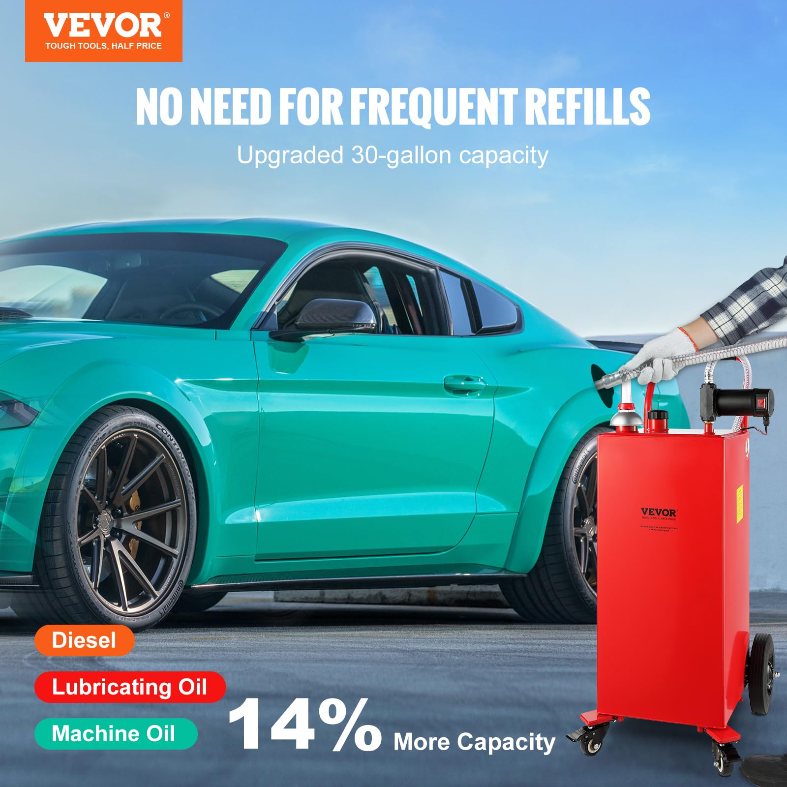 VEVOR 30 Gallon Fuel Caddy with 23.5 L/min Electric Pump, 180W Portable Fuel Transfer Tank with Wheels - for Diesel, Lubricating Oil, Machine Oil - Ideal for Cars, Mowers, Boats & Motorcycles