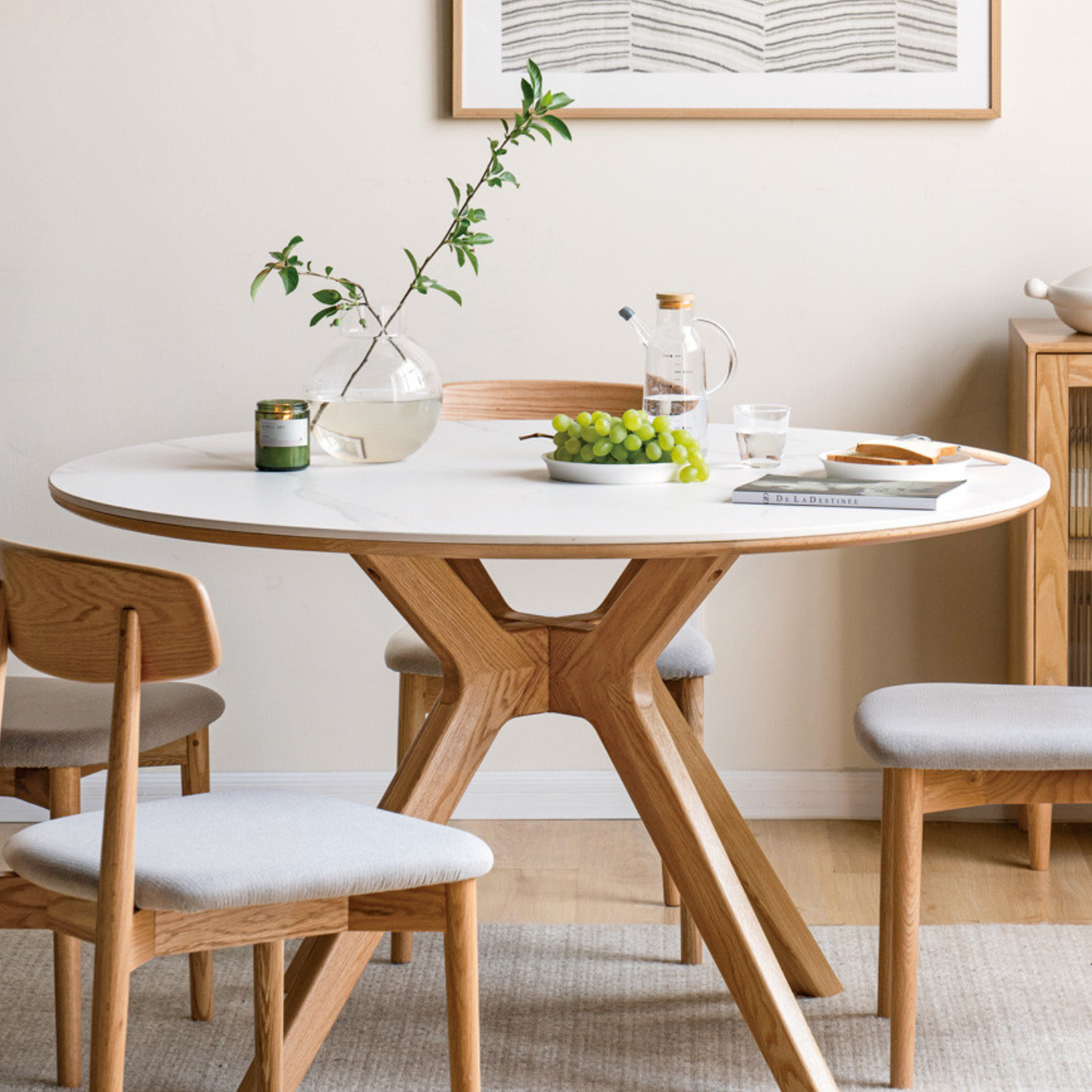 Solid Oak Wood Round Nordic Dining Table with Rock Slab Surface - Modern Farmhouse Kitchen & Dining Room Furniture for Family Gatherings