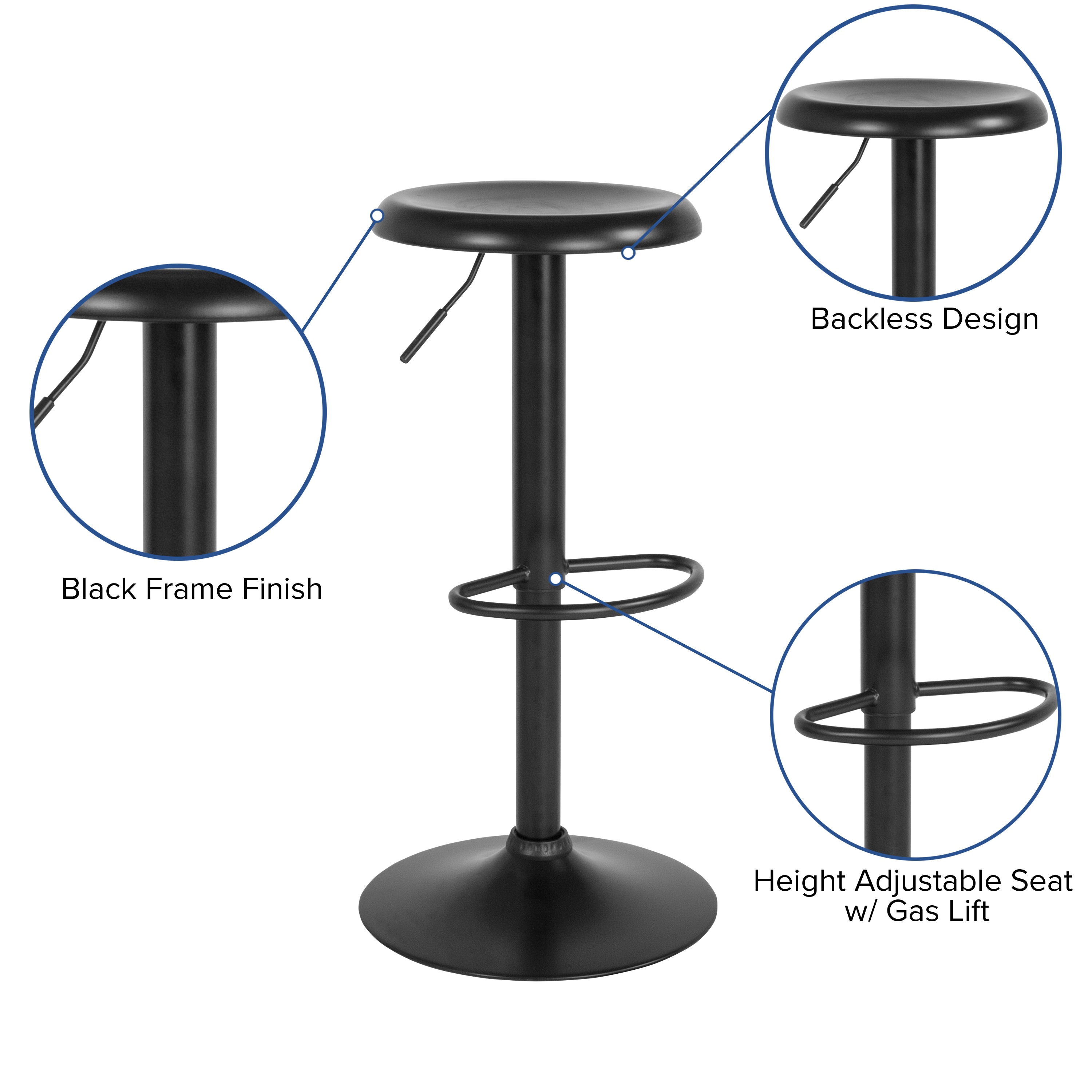 FLASH Madrid Series Adjustable Height Retro Barstool - Black Finish - Perfect for Kitchen Island, Home Bar & Dining Counter Stools