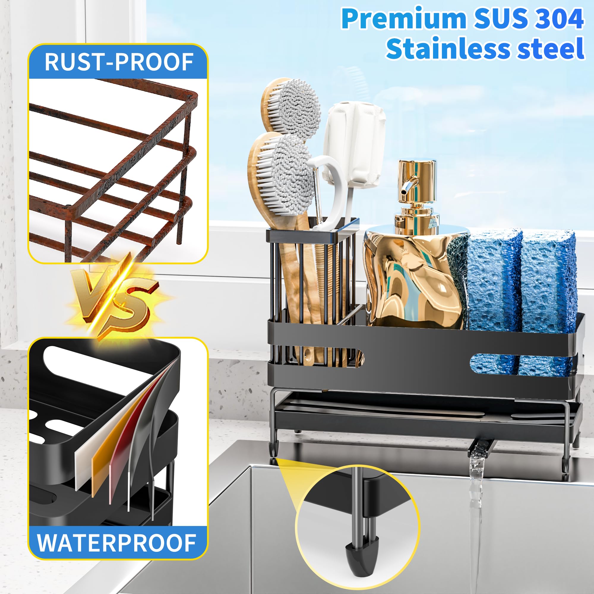 Stainless Steel Kitchen Sink Organizer with Sponge Holder, Brush Holder & Self-Draining Tray - Rustproof Sink Caddy for Sponges & Cleaning Tools - Perfect for Kitchen Organization & Sink Accessories (Black, Large) - Ideal for Keeping Sinks Clean & Organized While Preventing Rust & Water Stains