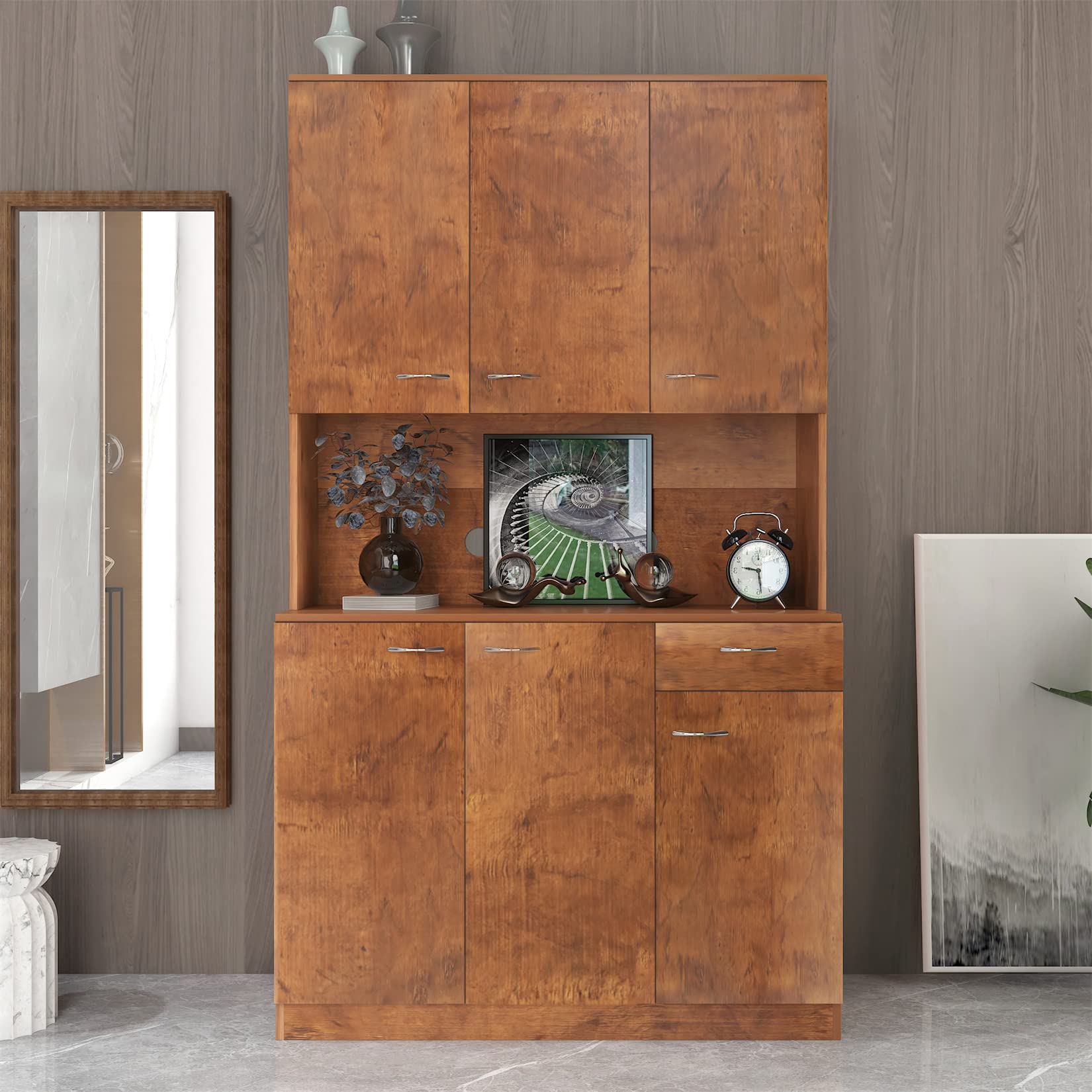 Bellemave 6-Door Kitchen Pantry Storage Cabinet with Adjustable Shelves - Freestanding Buffet Hutch with Microwave Stand & Drawer for Home & Office (Walnut) - Perfect for Small Kitchens, Dining Rooms & Office Storage