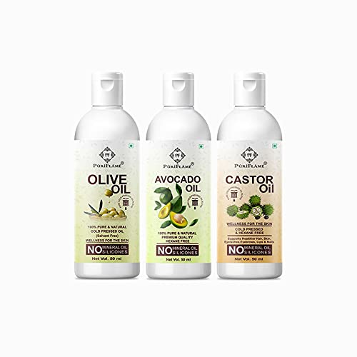 PuriFlame 100% Pure Olive Oil, Avocado Oil & Castor Oil Combo Set - 50ML Each for Hair Growth, Anti Hair Fall & Split Ends Treatment - Promotes Softer, Shinier Hair - Perfect for Daily Hair Care & Scalp Massage (Pack of 3)