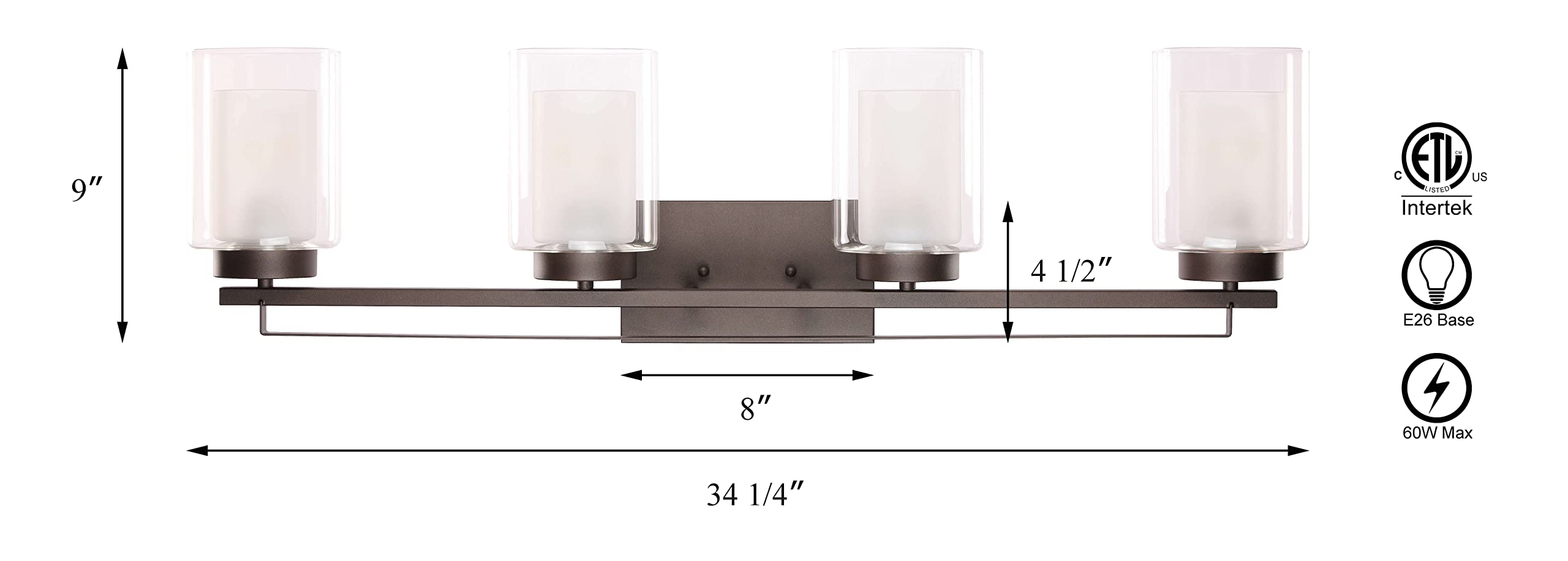 XiNBEi 4-Light Bathroom Vanity Lighting - Dark Bronze Wall Mount Light with Dual Glass Shade for Bathroom, Bedroom & Hallway - Indoor Wall Sconce XB-W1195-4-DB