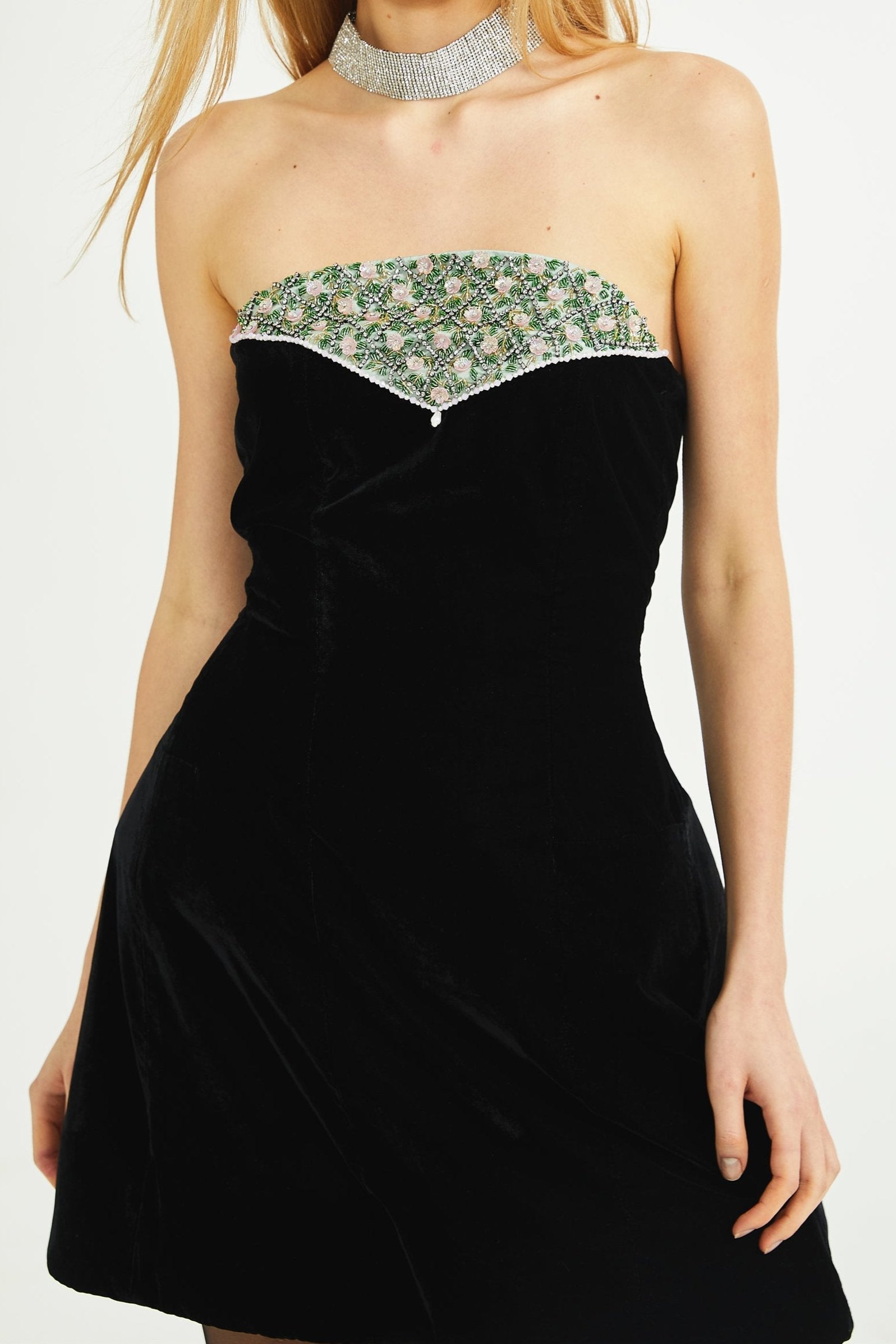 Céline Crystal Embellished Velvet Dress for Women - Elegant Evening Gown for Parties, Weddings & Special Occasions