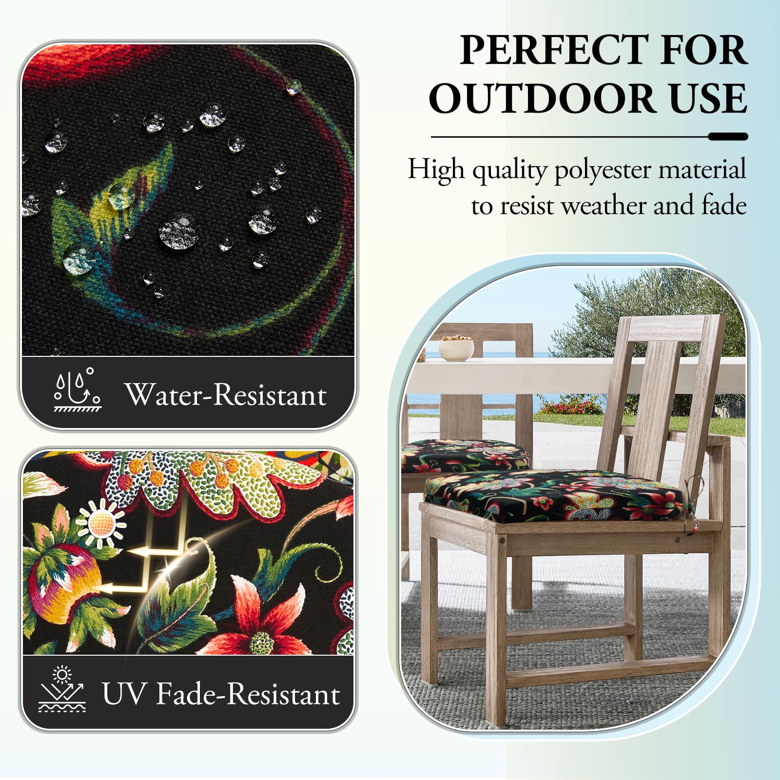Outdoor Chair Cushions Set of 2 - Water Resistant 17x16x2 Inch Round Corner Patio Seat Cushions for Garden, Deck, Poolside - Black Floral Design - Perfect for Outdoor Furniture, Lounging & Relaxation