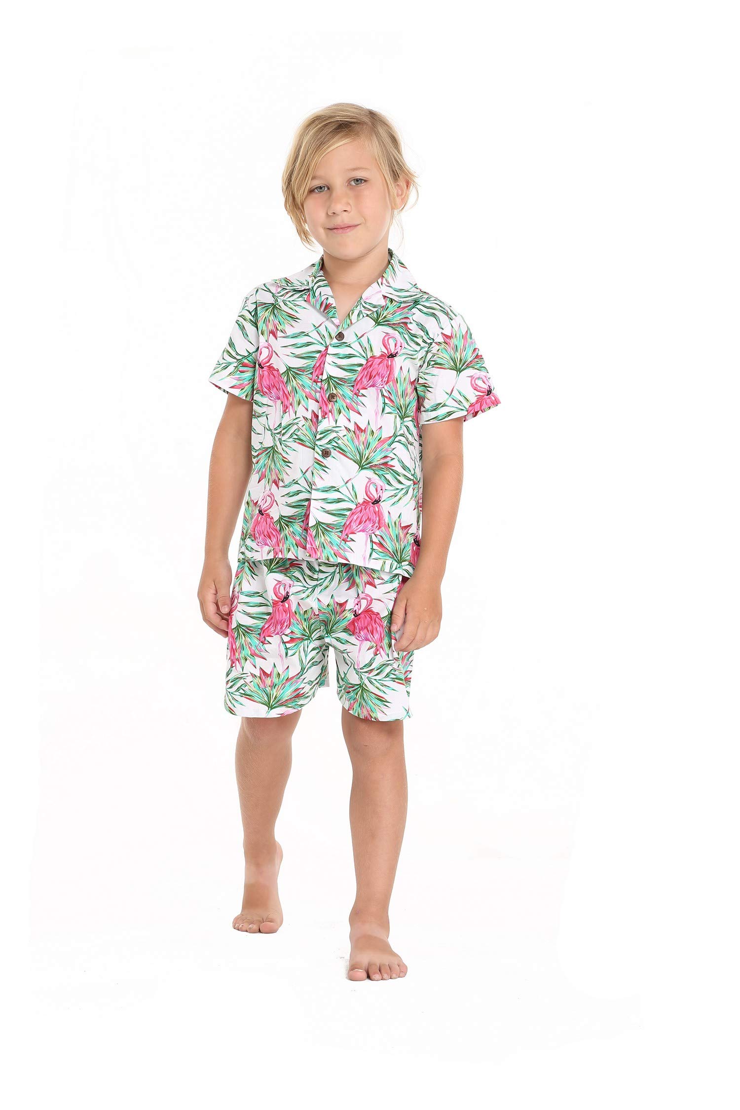 Hawaiian Luau Matching Siblings Outfit - Flamingo in Love Girl Shirt Dress & Boy Shirt for Family Vacation, Beach Party, and Summer Photoshoot