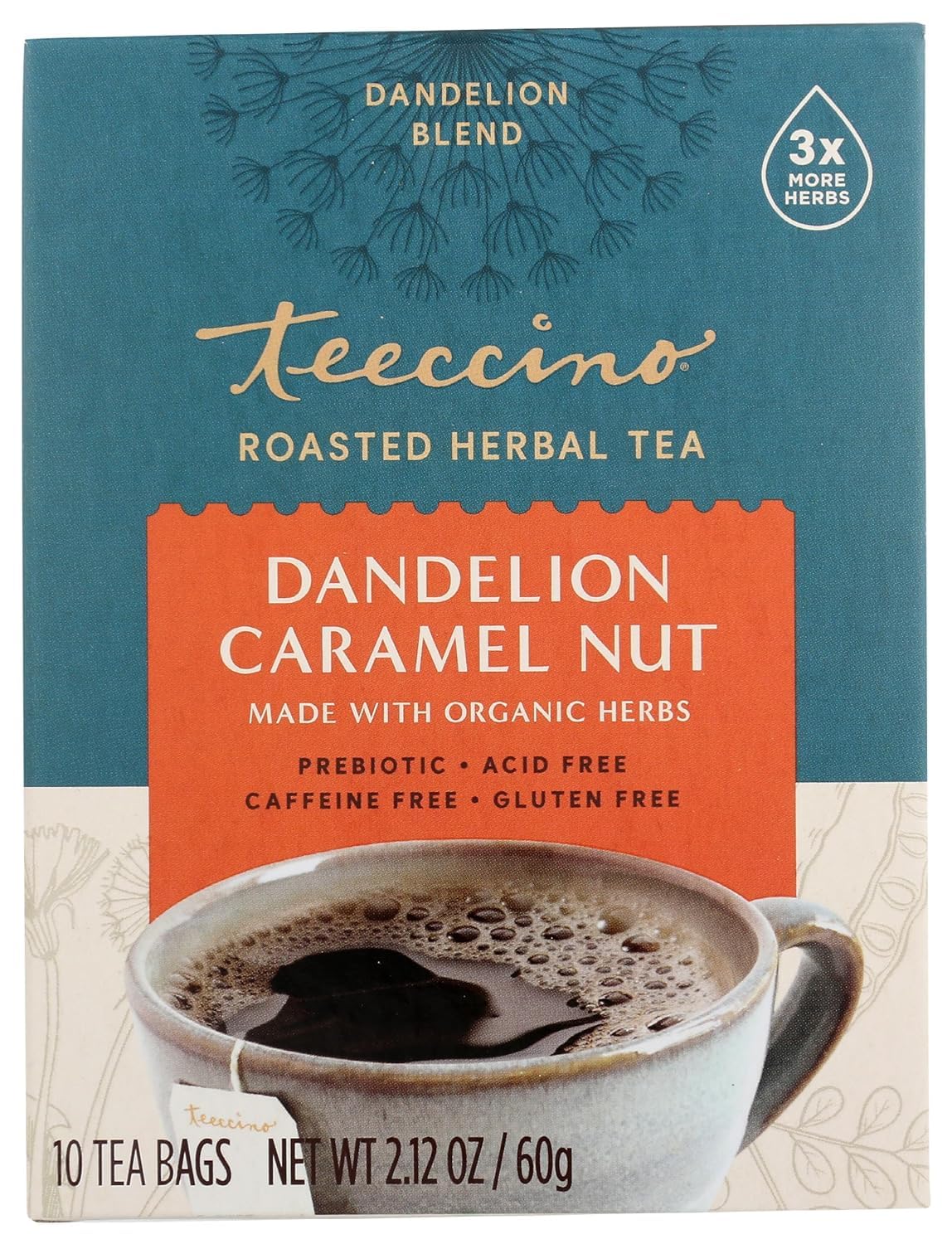 Teeccino Dandelion Caramel Nut Herbal Tea - Caffeine Free, Prebiotic Rich, Gluten Free Roasted Herbal Tea with 3x More Herbs - 10 Tea Bags for Relaxation & Digestive Health