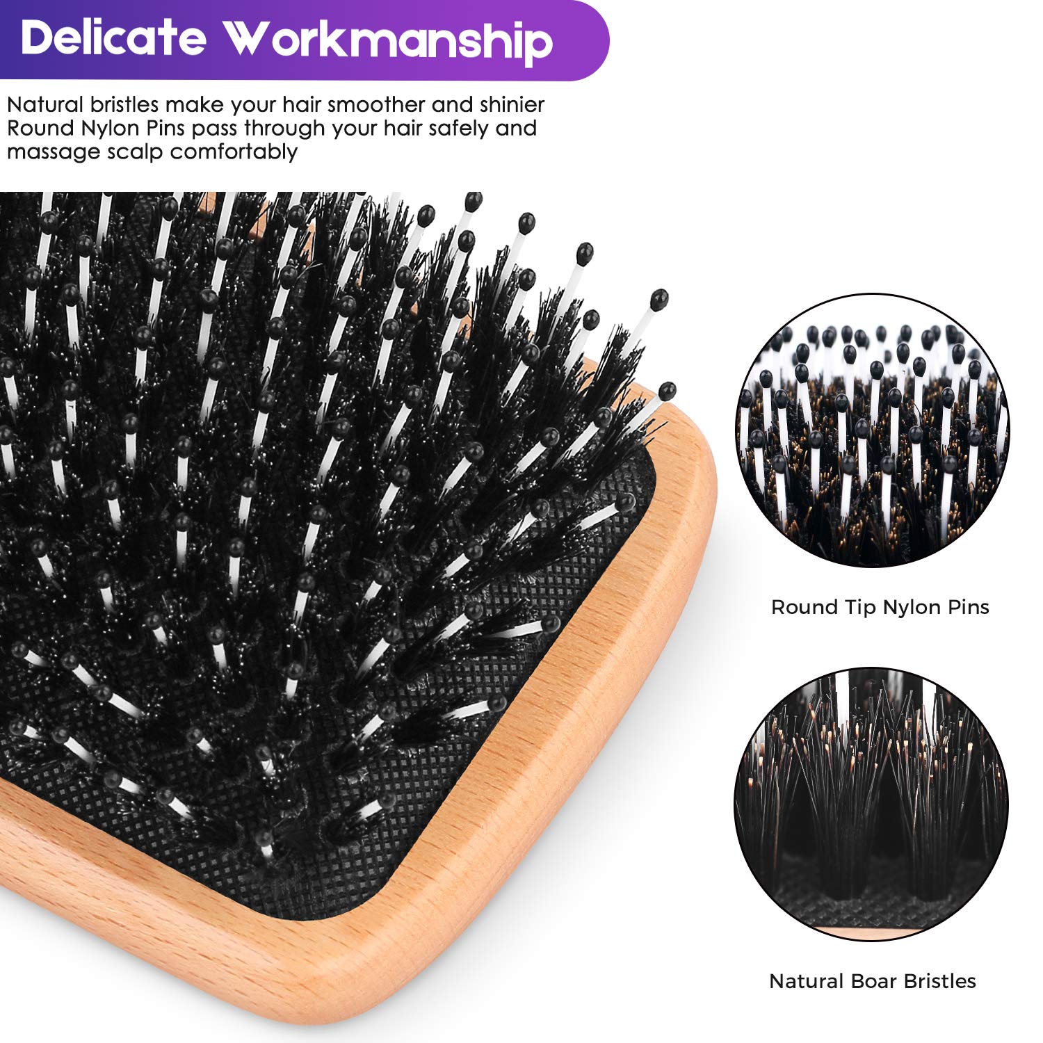 Boar Bristle Hair Brush for Women & Kids - Best Paddle Detangling Brush for Curly & Smooth Hair - Adds Shine & Reduces Frizz - Perfect for Daily Styling, Salon Use & Travel
