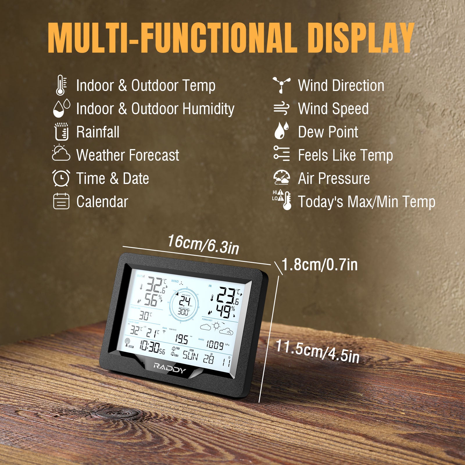 Raddy MN6 Lite Wireless Weather Station - 5-in-1 Indoor Outdoor Thermometer with Barometric Pressure, DCF Atomic Clock & Weather Forecast | Perfect for Home, Garden, Office & Outdoor Activities