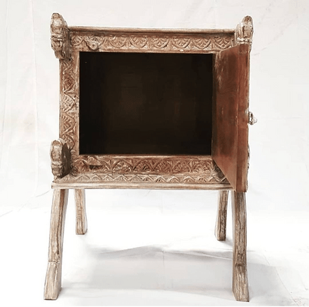 Hand Carved Indian Nightstand Table with One Door - Elegant Wooden Bedside Table for Bedroom, Living Room, or Office - Perfect for Storage & Decor