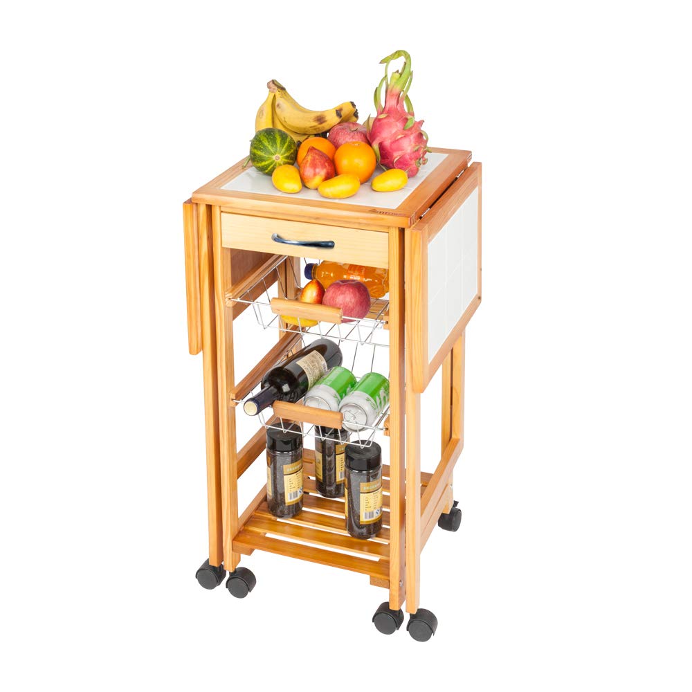 **Rolling Kitchen Island Cart with Storage Drawers & Baskets - Wooden Utility Trolley with Wheels for Countertop Organization - Perfect for Kitchen, Dining Room, or Small Space Storage (Brown)**