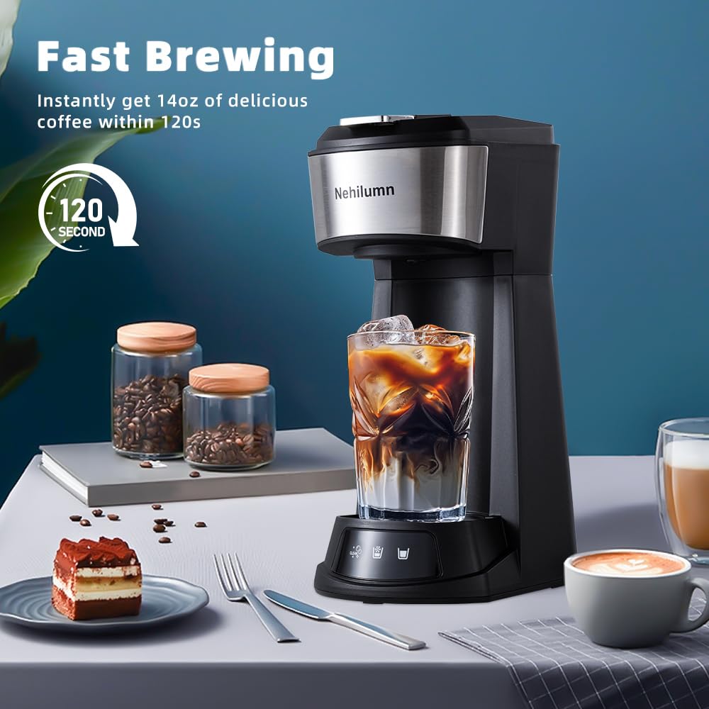 2-in-1 Single Serve Coffee Maker for K-Cup Pods & Ground Coffee - Mini One Cup Coffee Machine with Auto Shut Off (6-14oz) - Perfect for Home, Office & Travel Mugs - Compact & Portable Coffee Brewer
