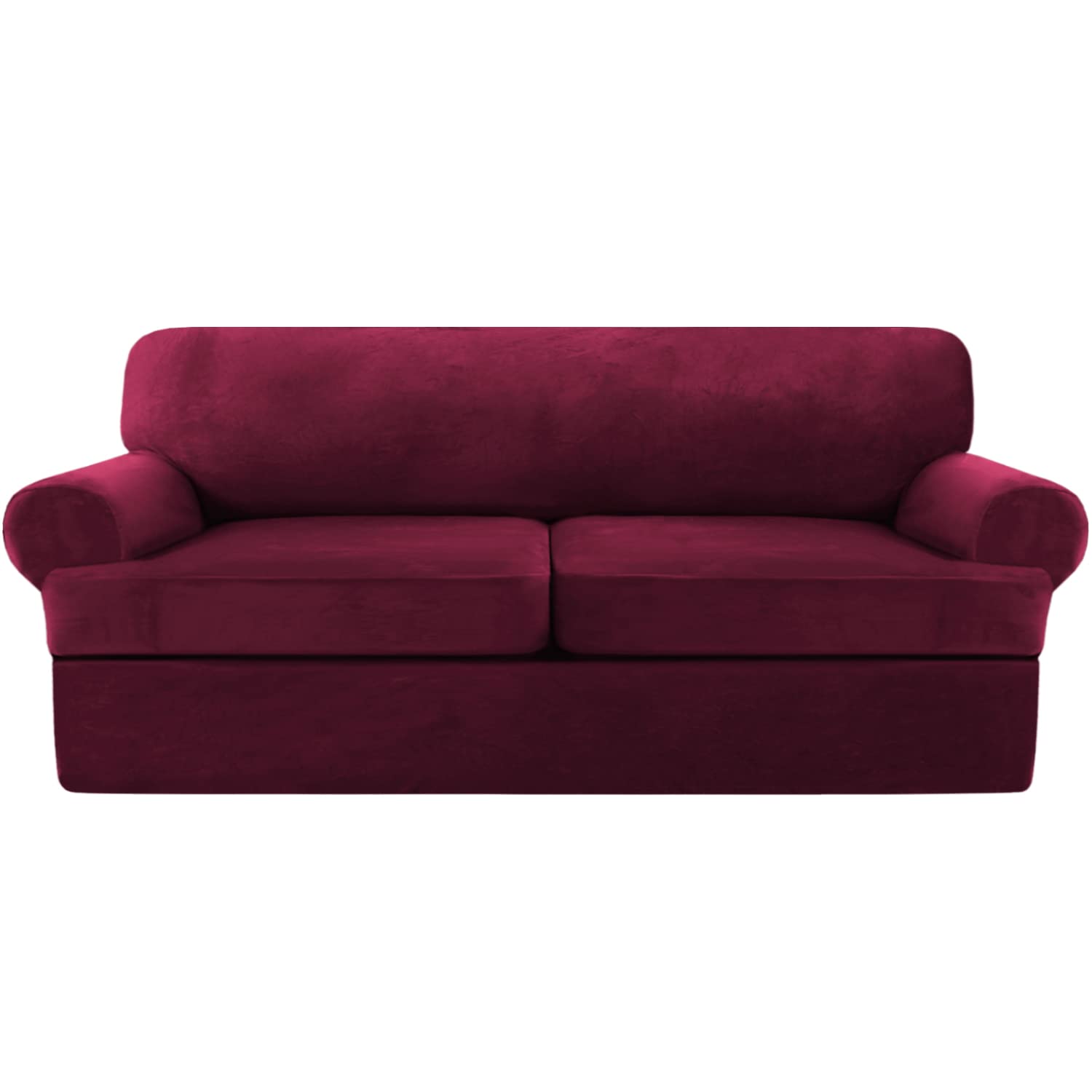 Velvet T-Cushion Sofa Slipcover 3-Piece Set - Soft Stretchable Couch Cover for Loveseat XL with 2 Individual T-Cushion Seat Covers - Burgundy Furniture Protector for Living Room, Apartment & Home Decor