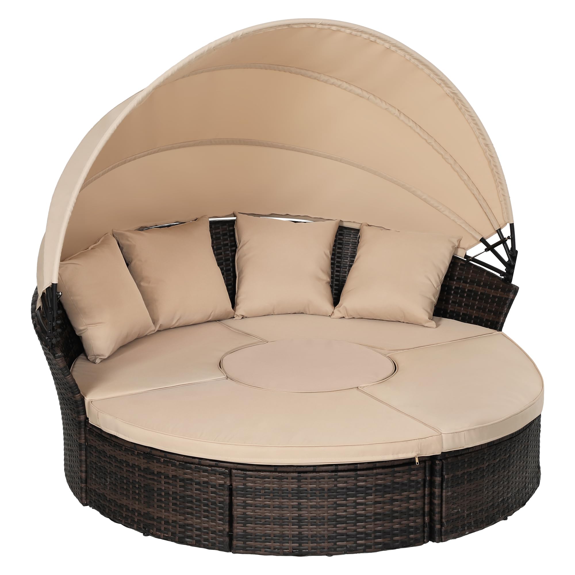 Outdoor Patio Round Daybed with Retractable Canopy - Adjustable Clamshell Sectional Wicker Furniture Set with Washable Cushions - Perfect for Backyard, Porch, Garden & Poolside Lounging - Brown