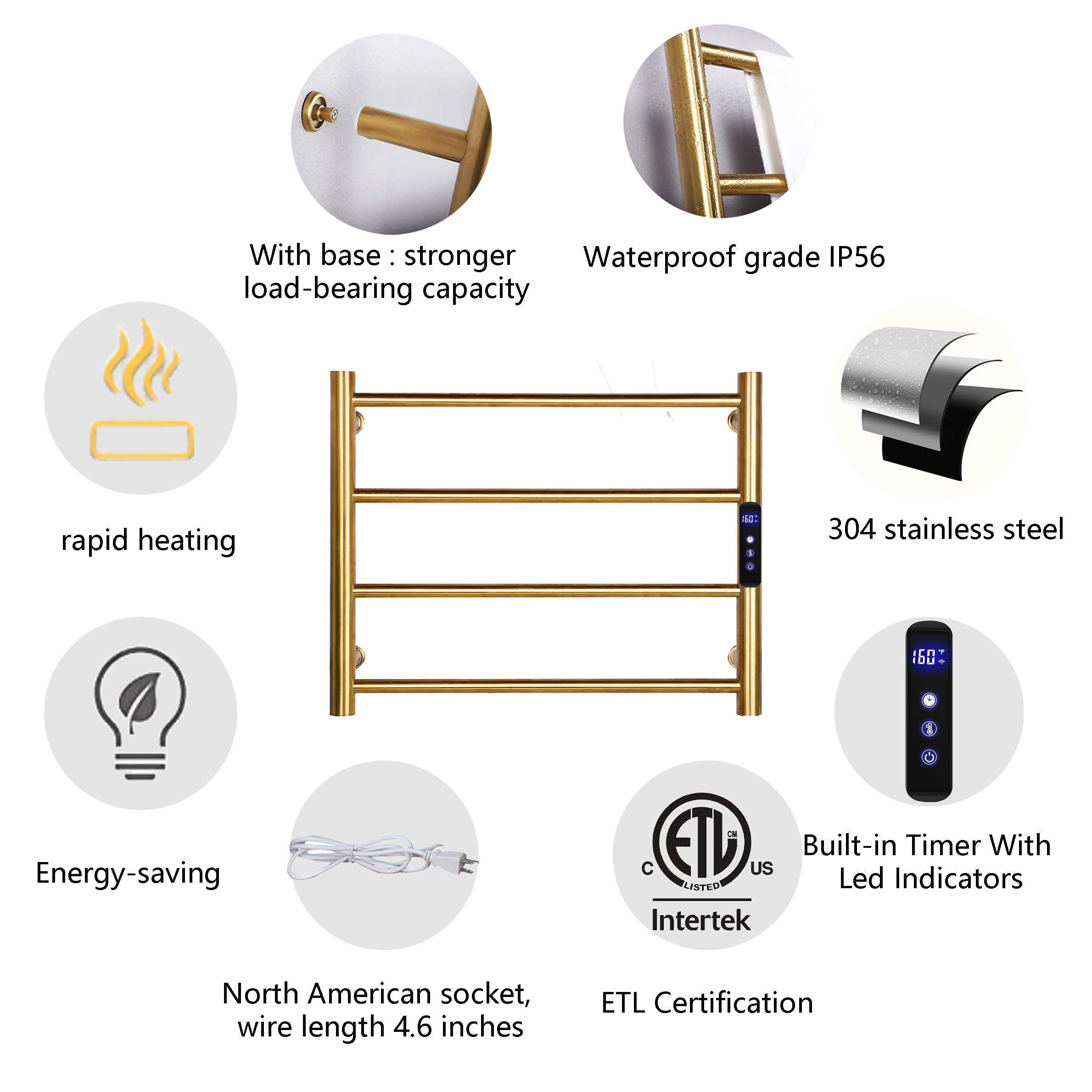 Premium 4-Bar Heated Towel Rack - Brushed Gold Wall Mounted Electric Towel Warmer with Timer & Temperature Control - Perfect for Bathroom, Spa, and Luxury Home Use - Plug-in Design for Quick Drying