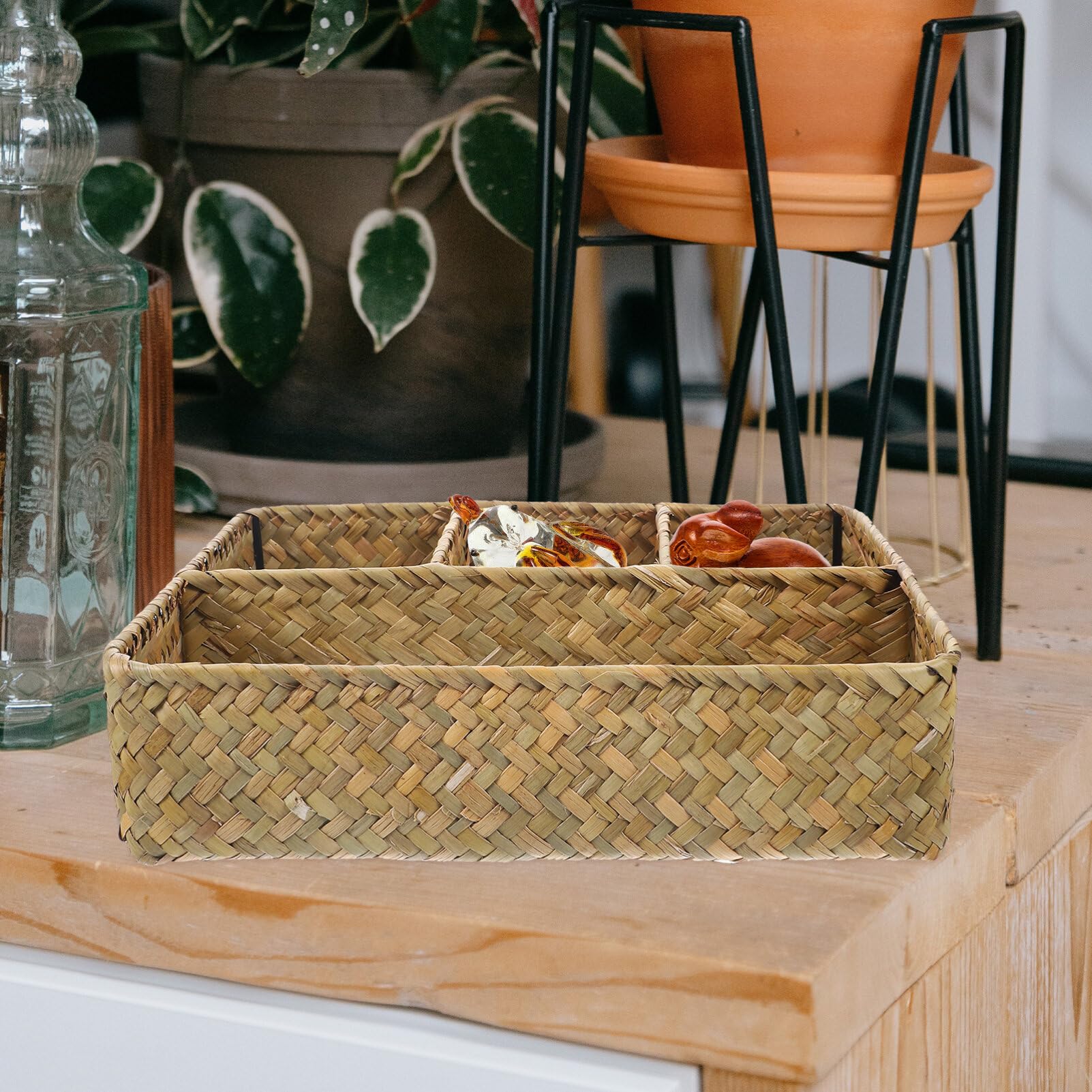 HEMOTON Seagrass Storage Basket - Natural Desktop Organizer for Snacks, Toys, Sugar Packets & Fruits | Eco-Friendly Home Decor & Kitchen Storage Solution | Perfect for Living Room, Office or Nursery Organization