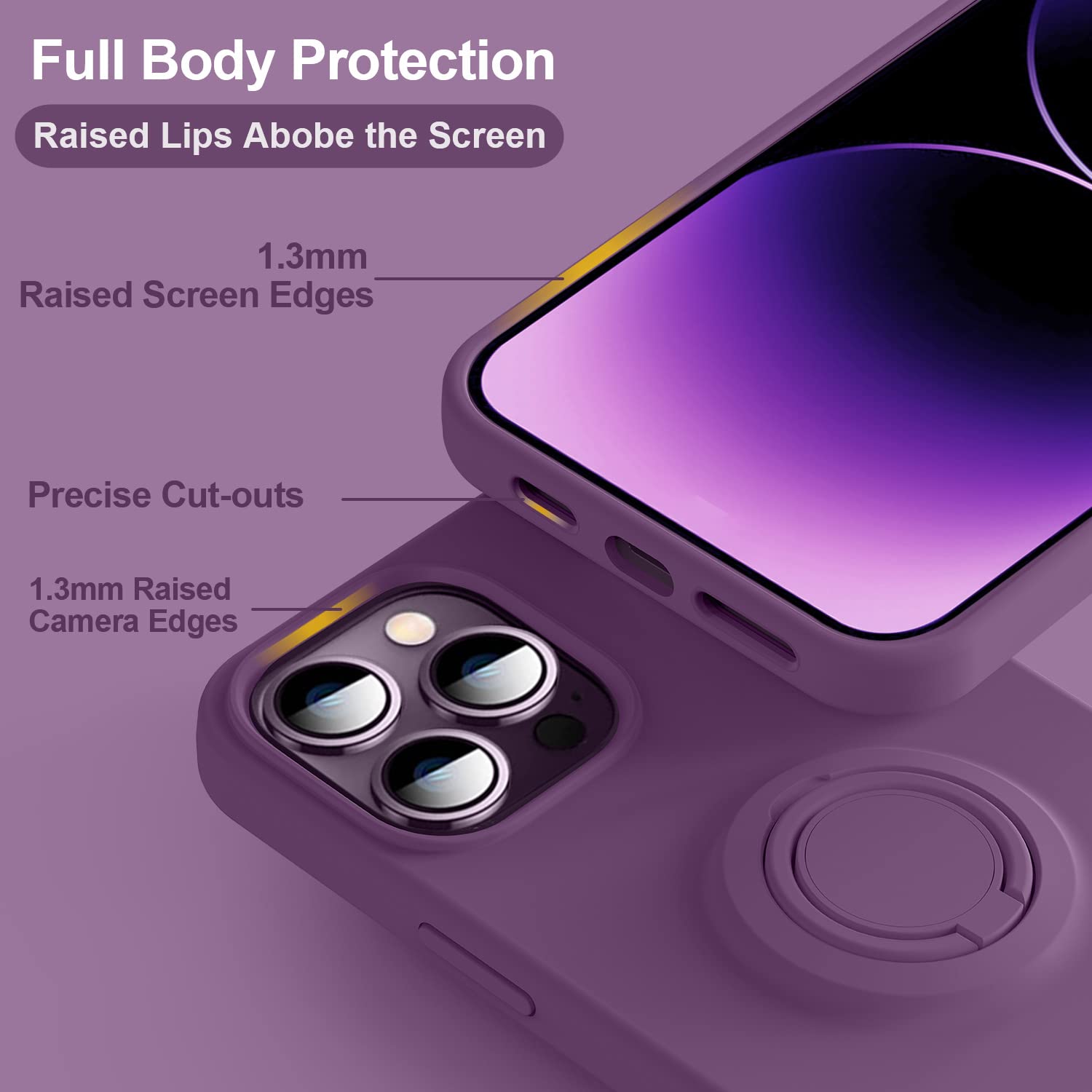 Premium Soft Liquid Silicone Shockproof iPhone 14 Pro Case with Ring Stand Holder - 6.1 Inch Slim Protective Cover with Scratch-Resistant Microfiber Liner (Grape Purple) - Perfect for Everyday Use, Travel, and Hands-Free Viewing
