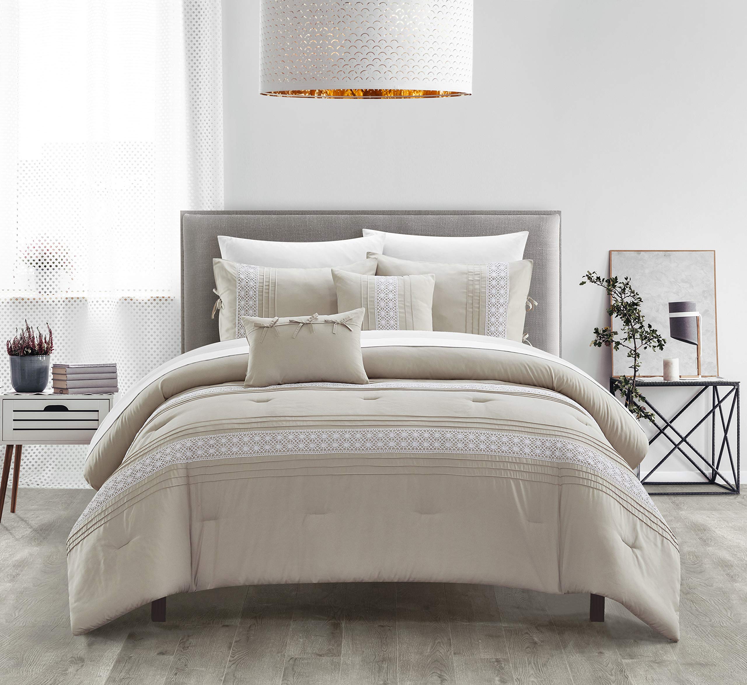Chic Home Brice 5-Piece Queen Comforter Set with Pleated Embroidered Design - Includes Decorative Pillows & Shams, Beige Bedding for Master Bedroom or Guest Room