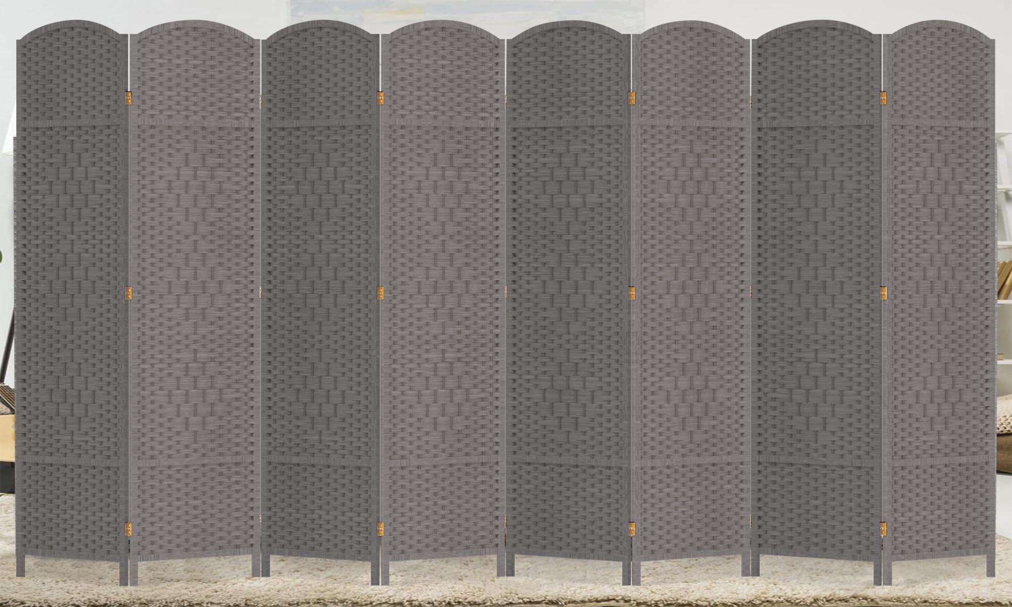 Duraspace 8-Panel 6FT Tall Woven Fiber Room Divider - Freestanding Double Hinged Folding Privacy Screen for Home, Office, Patio & Events (Gray) - Perfect for Creating Private Spaces Indoors & Outdoors