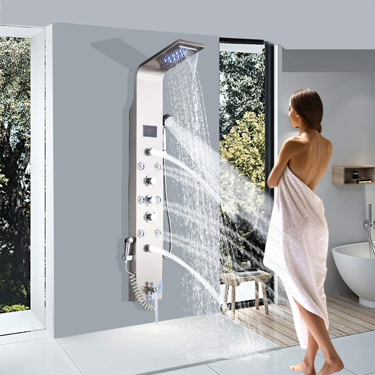 FUZ LED Shower Wall Panel System with Rainfall Shower Head, Body Jets, Hand Shower & Bidet - Multi-Function Bath System in Brushed Nickel - Perfect for Luxury Bathrooms & Spa-Like Experience