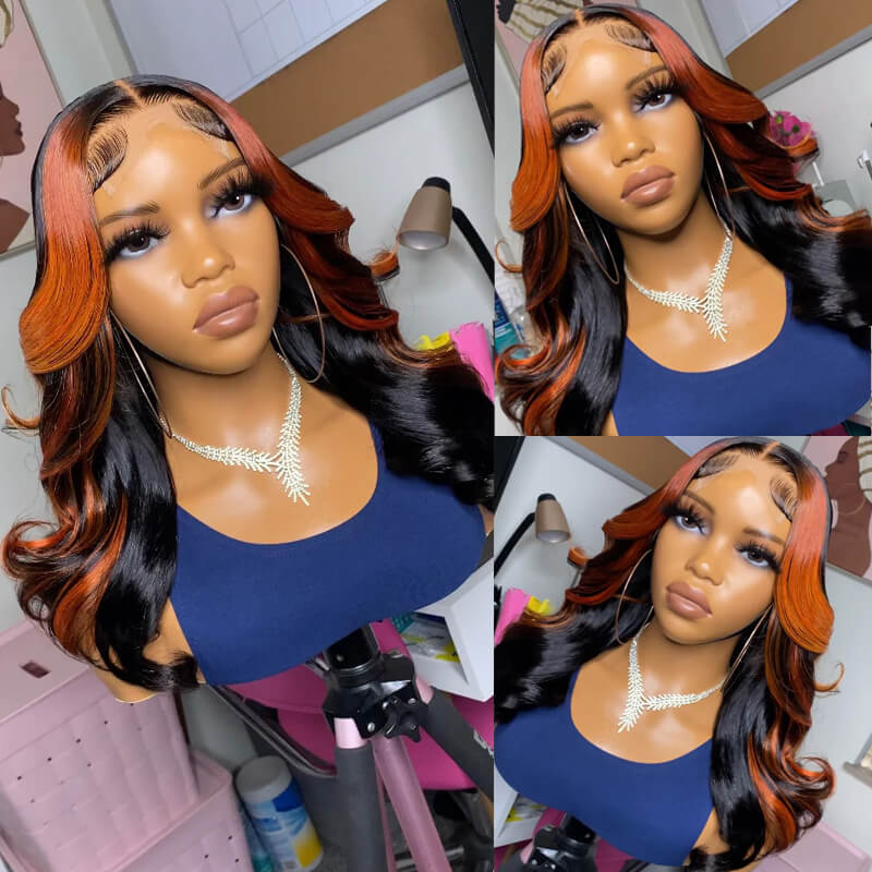 Eullair Ginger Orange Skunk Stripe Body Wave Human Hair Wig with Piano Color Highlights & Lace Frontal - Perfect for Cosplay, Costume Parties, and Daily Fashion Styling