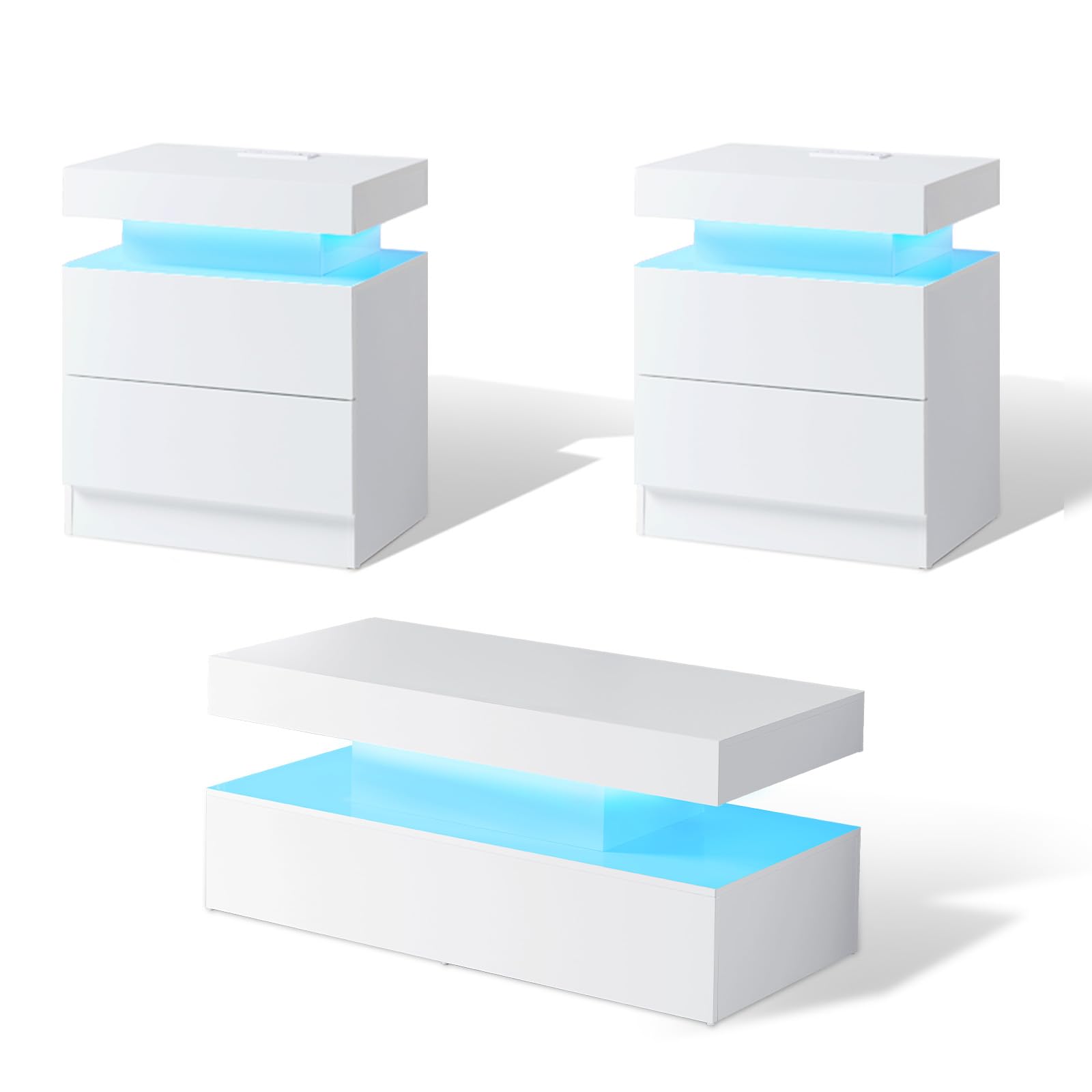 AMERLIFE 3-Piece Modern LED Coffee Table Set with Charging Station - High Gloss White 2-Tier Center Table & 2 End Side Tables, Nightstand for Living Room & Bedroom - Perfect for Home Decor, Entertainment & Charging Devices