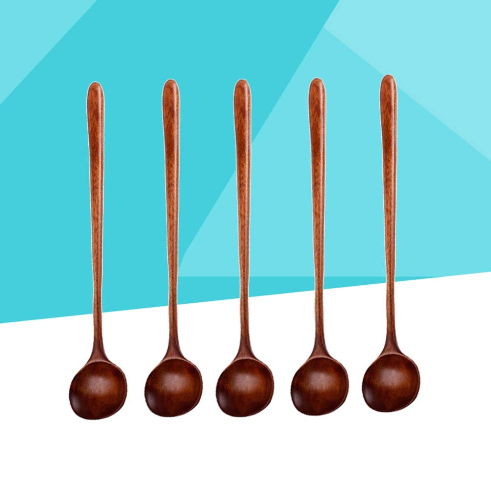 5-Piece Korean Style Natural Wooden Stirring Spoons Set - Long Handle Wood Soup Ladle for Cooking, Serving - Ideal for Home Kitchen, Restaurant & Cafes