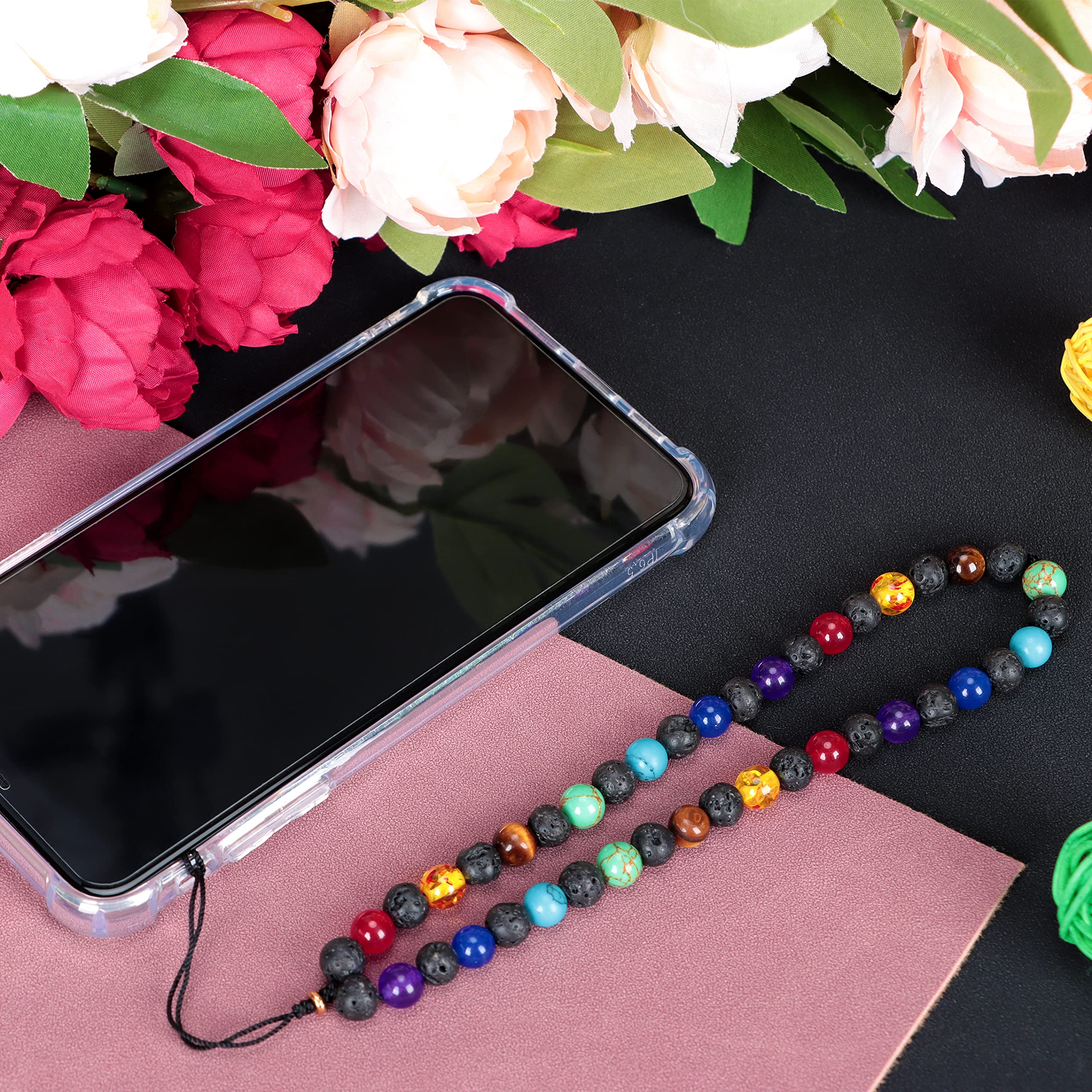Natural Lava Rock Beaded Phone Lanyard - Anxiety Relief Wristlet with Healing Gemstones, Adjustable Phone Charm Keychain for Women & Men | Perfect for Stress Relief, Office, Travel & Everyday Use
