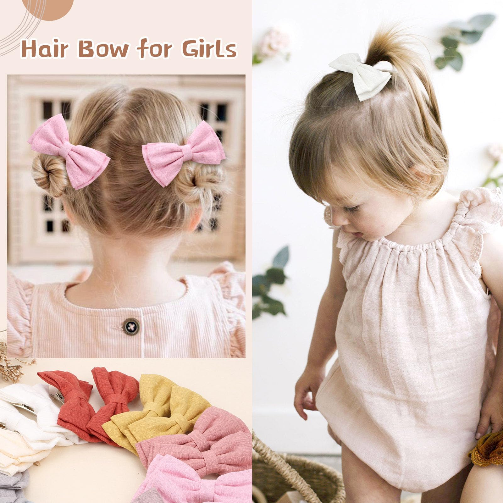 OAOLEER 20Pcs 3.5 Inch Neutral Linen Hair Bows Clips for Baby Girls - Double Bun Ponytail Bow Hair Barrettes for Infants, Toddlers & Kids (Linen Bows-B) | Perfect for Birthday Parties, Photo Shoots & Daily Outfits