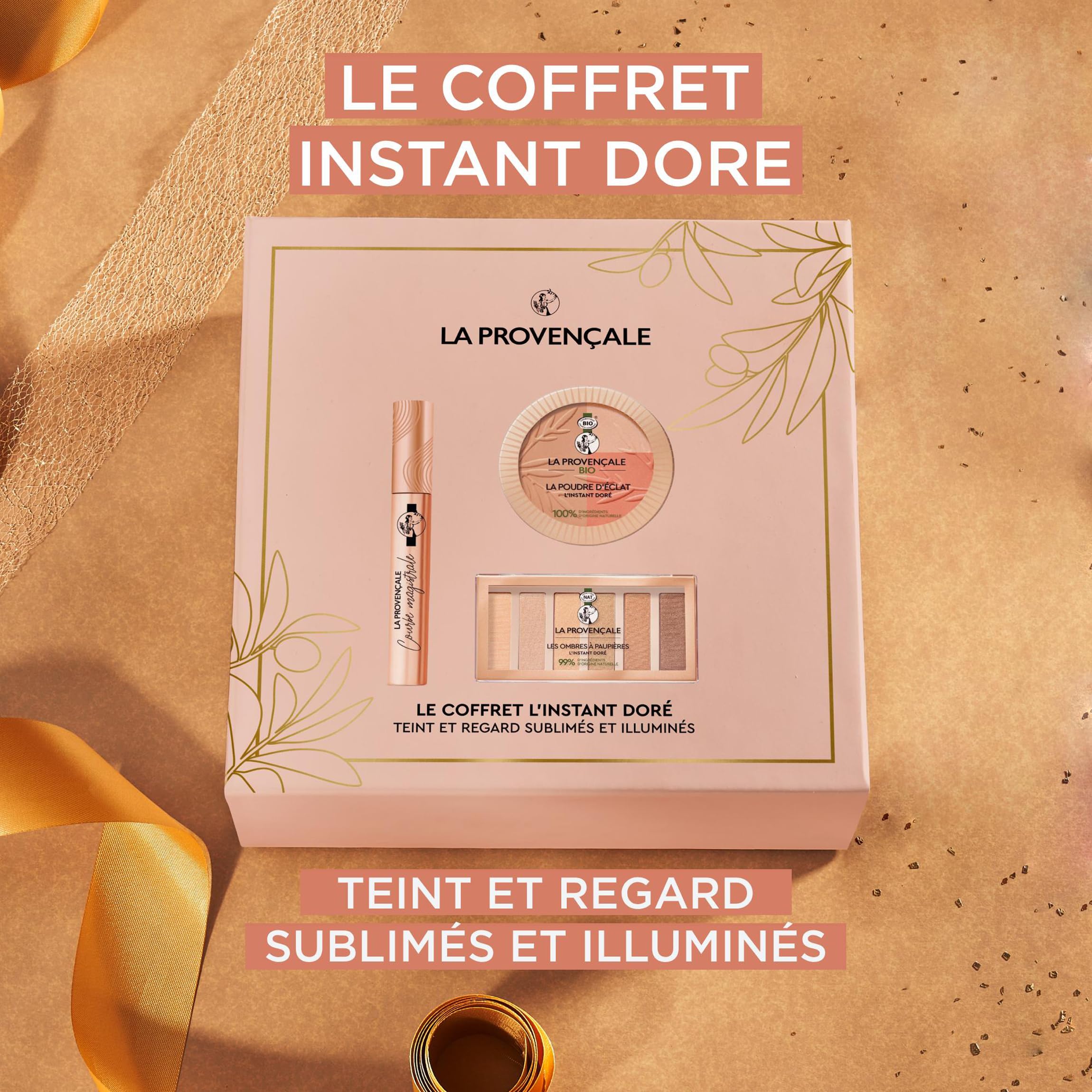 La Provencale - Golden Instant Makeup Gift Set - 3 Products: Luminous Powder, Golden Palette & Volumizing Mascara - Enriched with Organic Olive Oil & Mineral Pigments | Perfect for Gifting, Special Occasions & Everyday Glam Makeup Looks