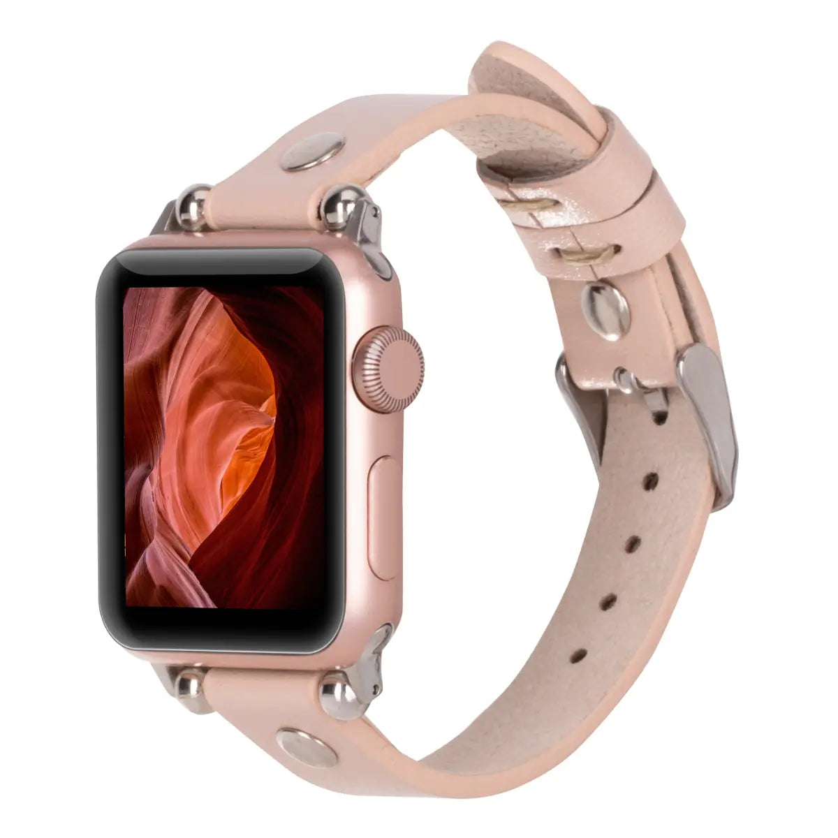 Ultra Slim Nude Pink Leather Apple Watch Band with Silver Rivet - Stylish & Comfortable for Workouts, Office & Everyday Wear