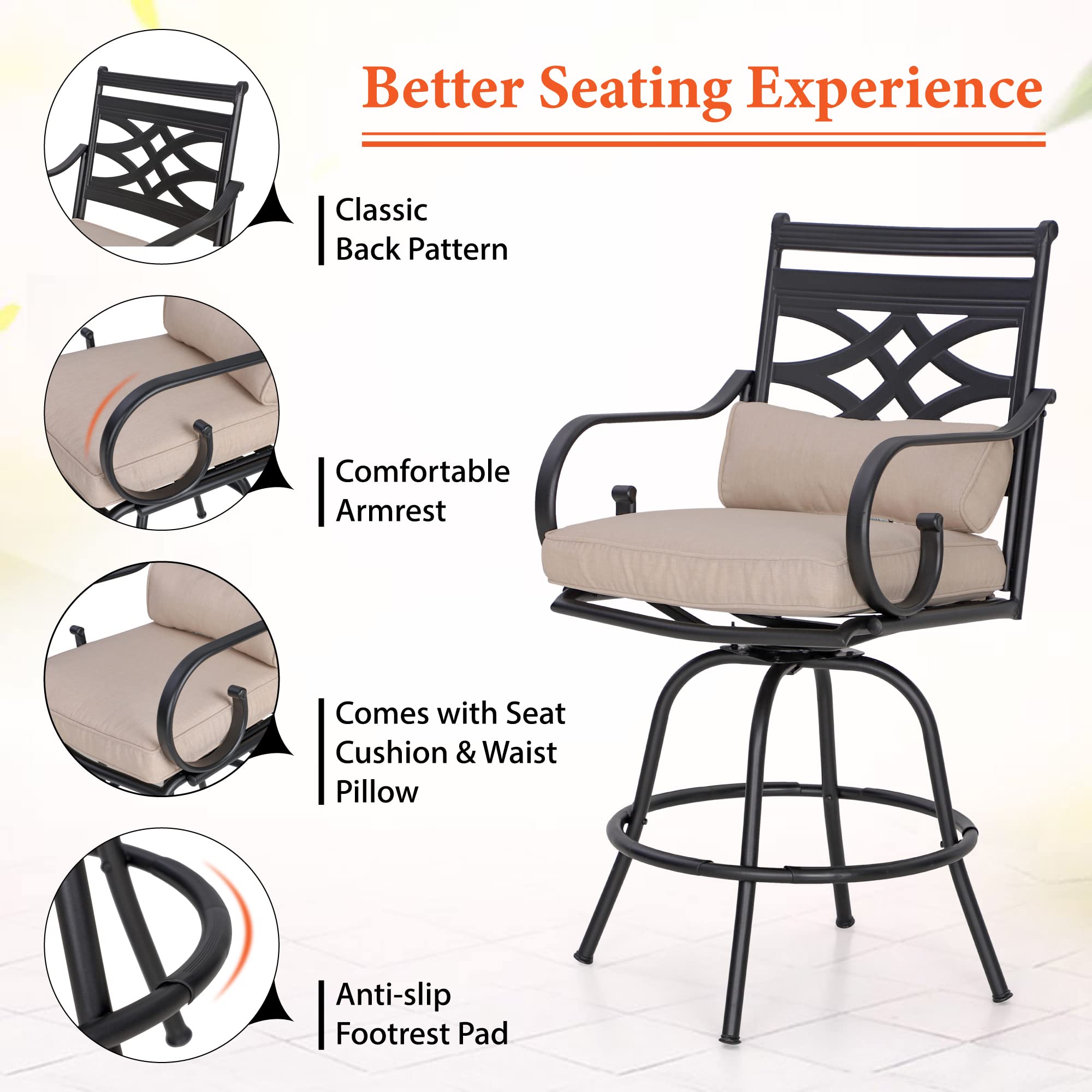 Sophia & William 2-Piece Swivel Bar Stool Set with Seat Cushion - Adjustable Height Counter Stools for Kitchen Island, Outdoor Patio, and Home Bar Decor