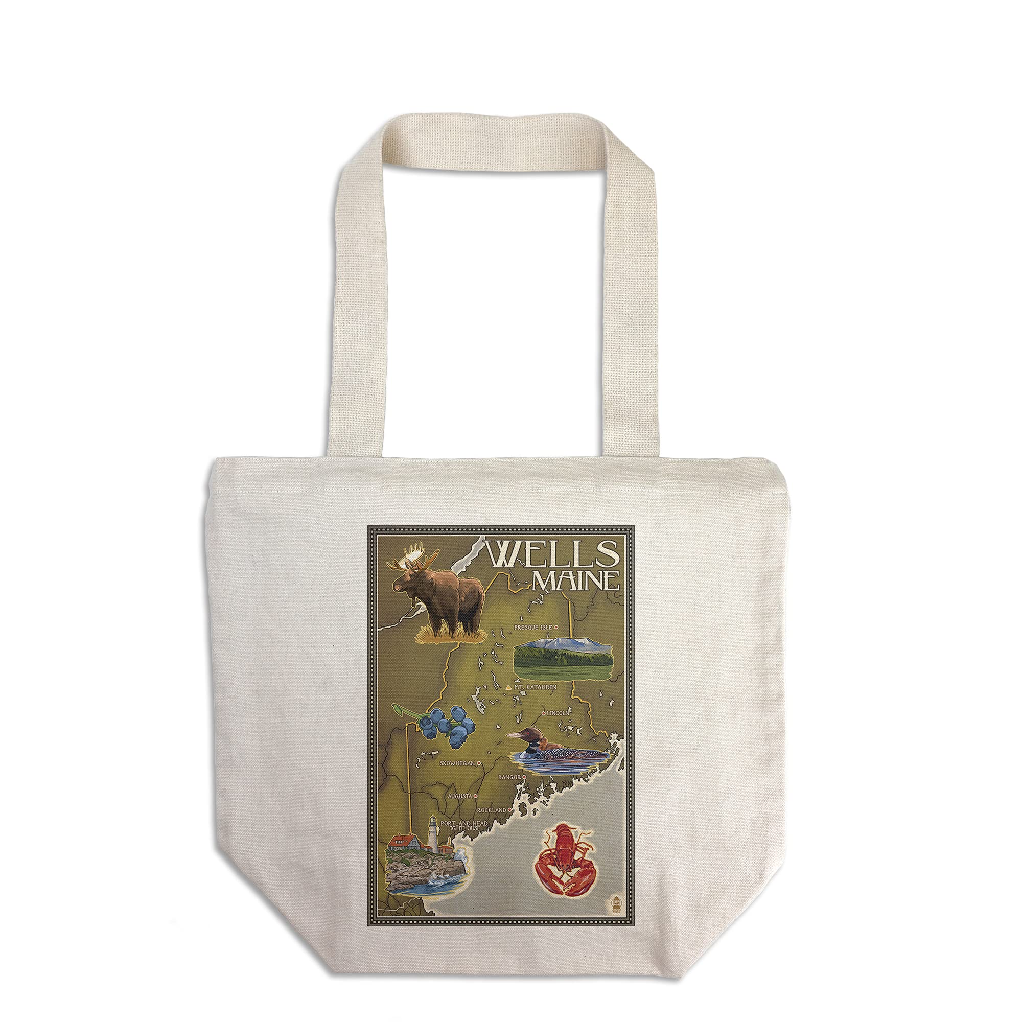 Wells Maine Map & Icons Tote Bag - 100% Cotton Canvas Reusable Shopping Bag for Groceries, Beach & Travel