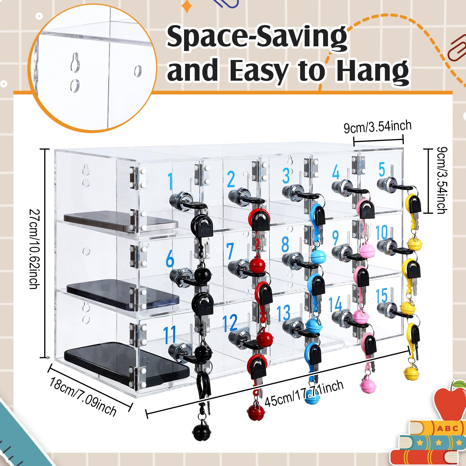 15-Door Clear Acrylic Wall Mount Phone Locker Cabinet with Charging Port & Key Lock - Secure Cell Phone Storage for Classroom, Office, School, Factory (Upgraded Size) - Perfect for Employee Device Management & Student Phone Control