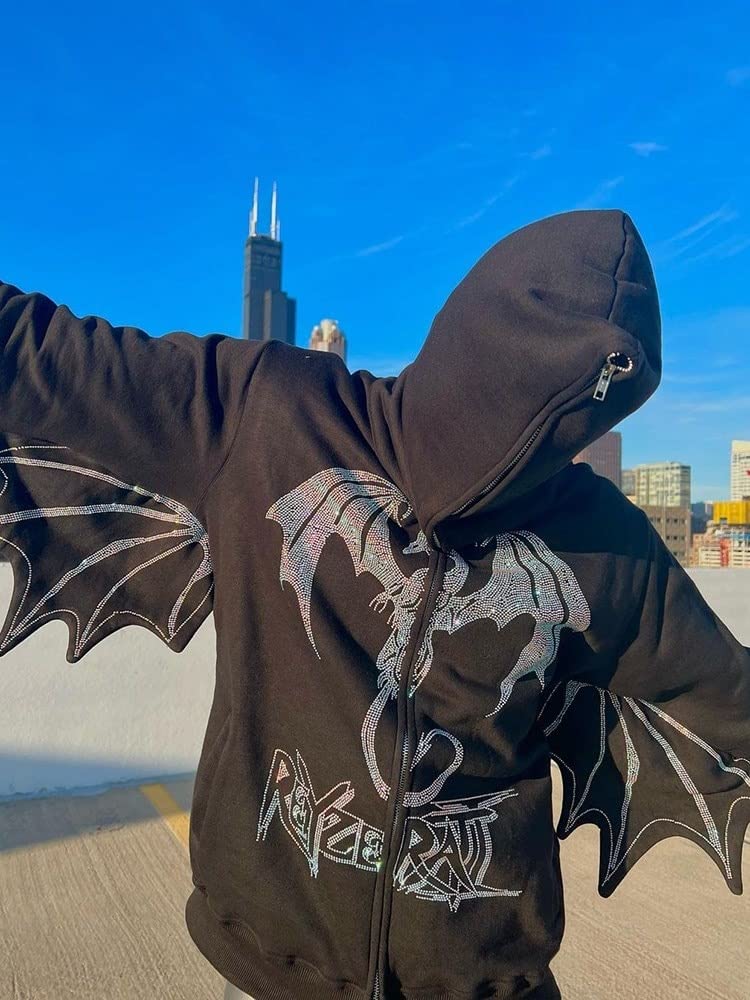 Y2K Men's Fashion Streetwear Zip-Up Hoodie with Fire Dragon Rhinestone Design - Unisex Sports Jacket for Casual Wear & Street Style