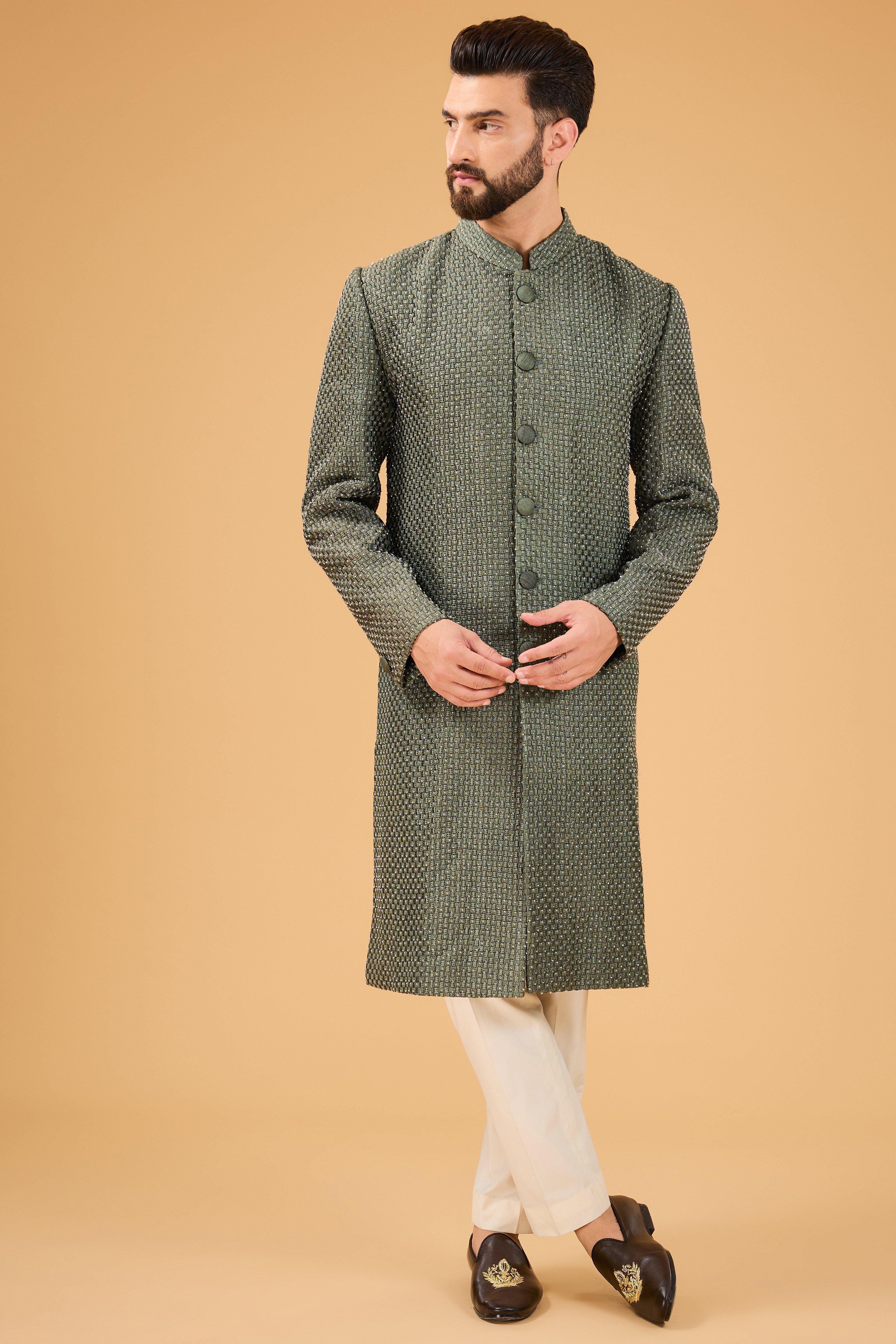 Exquisite Dana Work Military Green Sherwani for Men | Traditional Indian Wedding Attire | Perfect for Grooms & Special Occasions