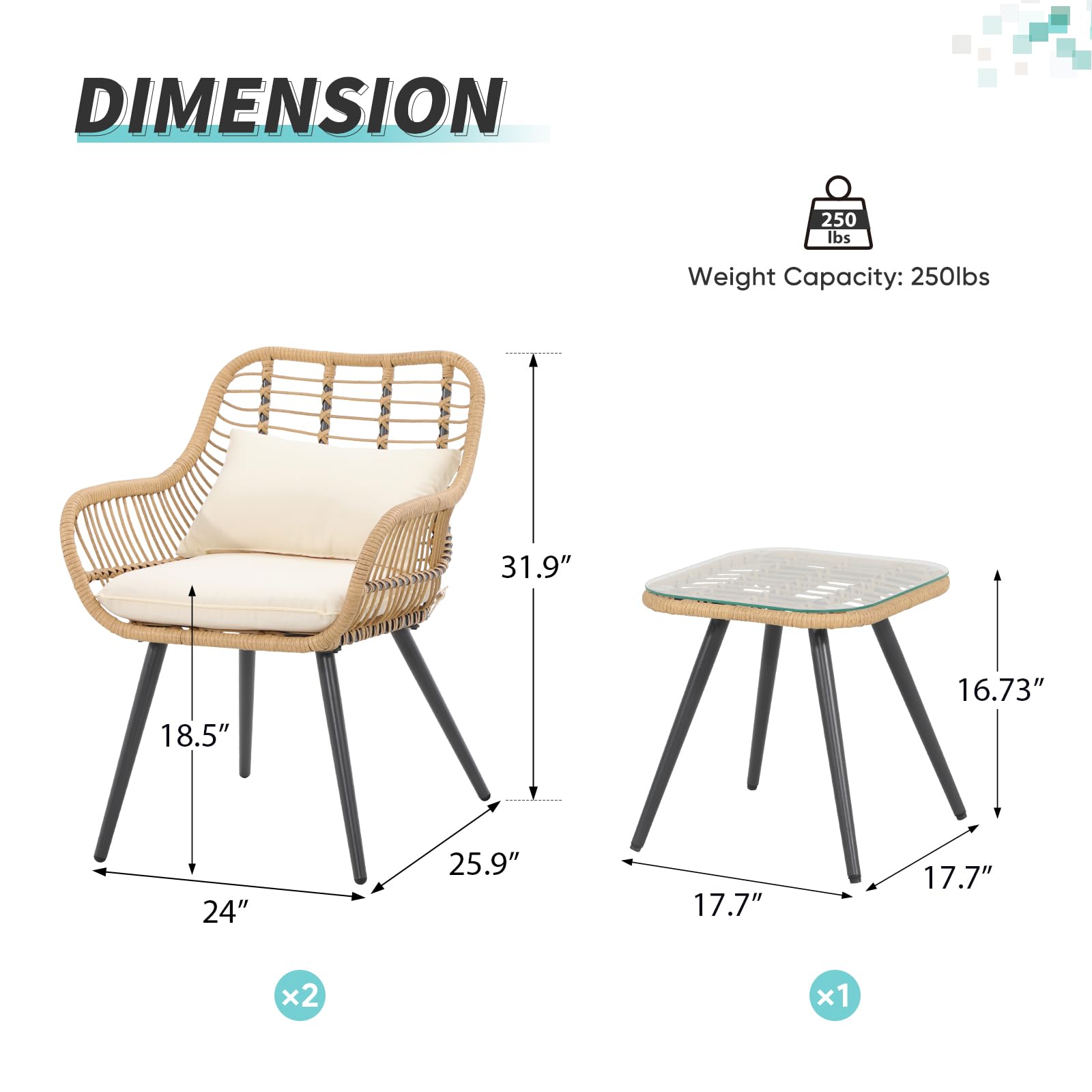 Verano Garden 3-Piece Patio Bistro Set - Outdoor Wicker Conversation Chairs with Glass Top Coffee Table & Cushions - Perfect for Balcony, Porch, Backyard, Deck and Poolside Relaxation | Durable Weather-Resistant Patio Furniture for Outdoor Entertaining & Lounging