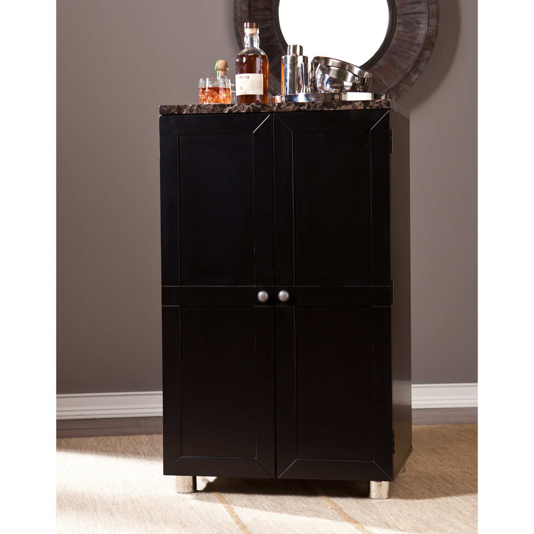 SEI Furniture Cape Town Contemporary Bar Cabinet - Wine & Liquor Storage with Faux Marble Countertop, Black Finish - Perfect for Home Bars, Dining Rooms & Entertaining Spaces
