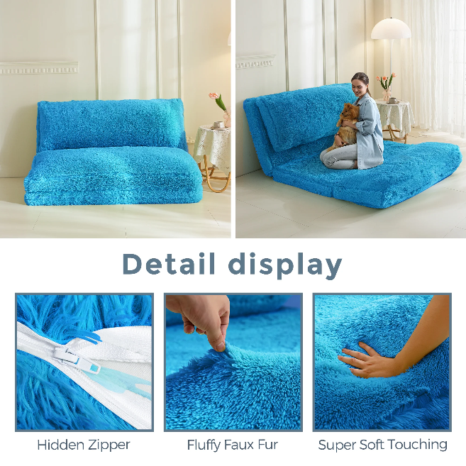 MAXYOYO Folding Bean Bag Sofa Bed - Soft Faux Fur Floor Couch with Foam Filling, Blue - Perfect for Living Room, Bedroom, Dorm & Small Space Relaxation