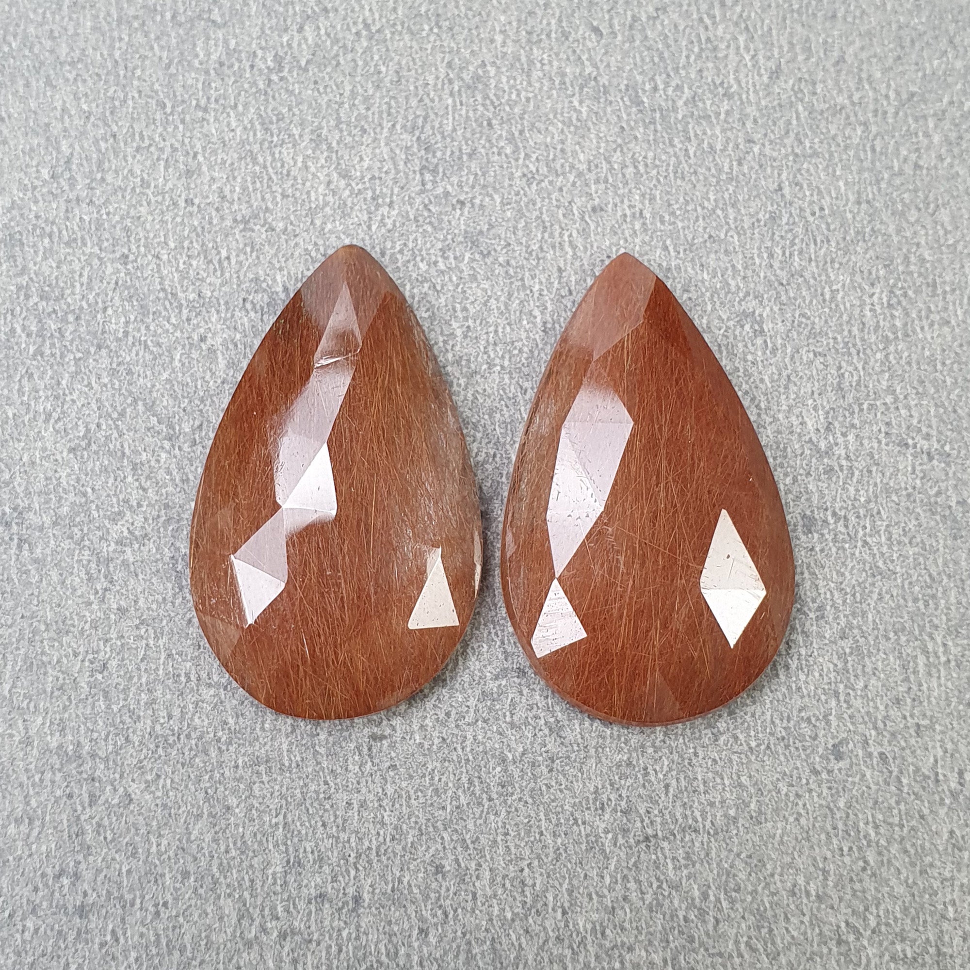 Natural Brown Rutile Quartz Gemstone Rose Cut - 28.00cts Untreated Pear Shape 28x17mm Pair (With Video) - Perfect for Jewelry Making, Healing Crystals & Mineral Collections