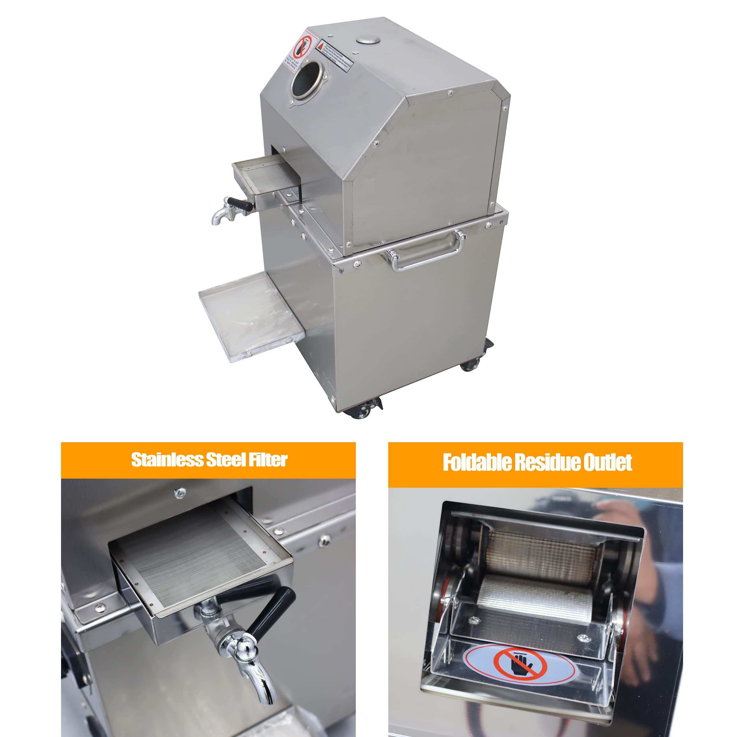 TECHTONGDA 110V Commercial Electric Sugar Cane Juicer Machine - 3 Roll Stainless Steel Cold Press Extractor with Cleaning Port & Wheels - 660 lbs/h Output - Perfect for Juice Bars, Restaurants & Home Use