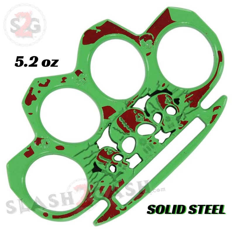 Triple Skull Brass Knuckles Paperweight - Green Splatter Design | Heavy Duty Office & Home Desk Accessory for Gothic Decor, Self Defense, and Unique Gifts