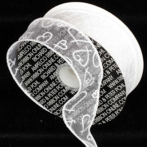 1.5 Inch x 80 Yards Sheer White Flocked Heart Pattern Wired Craft Ribbon for Gift Wrapping, DIY Wedding Decorations, Scrapbooking & Party Favors