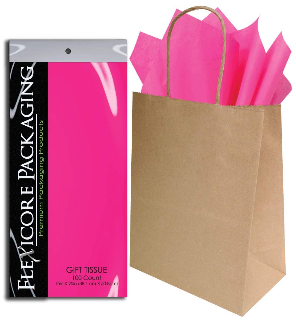 Eco-Friendly Kraft Paper Gift Bags with Hot Pink Tissue Wrap - 8