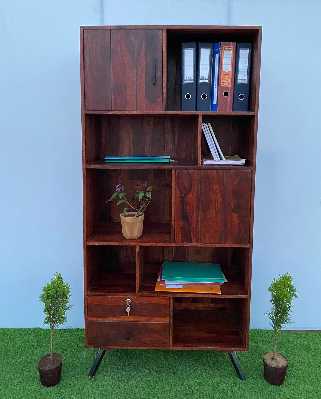 Gfine Solid Sheesham Wood Bookshelf with 2 Doors & 2 Drawers - 86x40x183cm - Stylish Home Office & Living Room Storage Solution