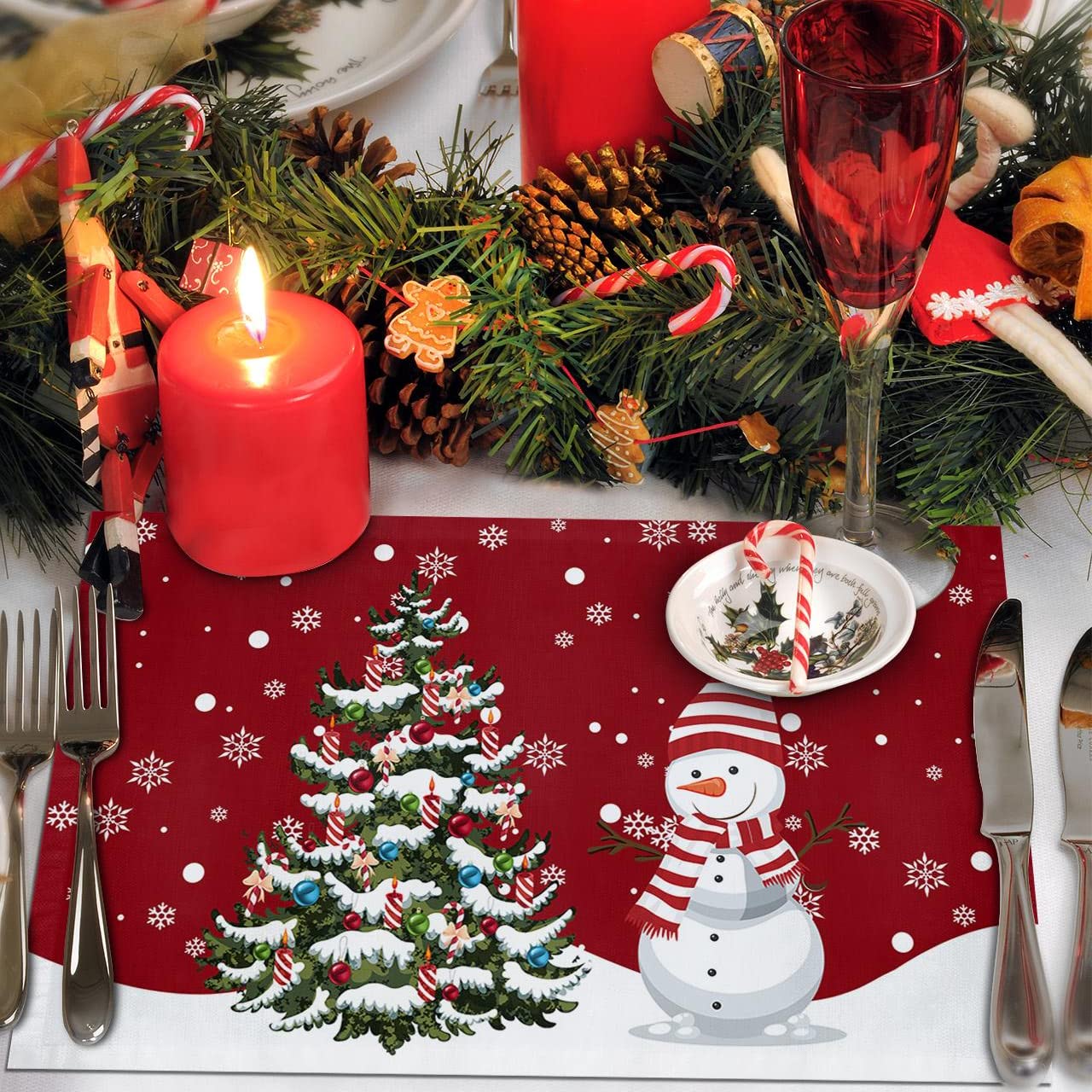 Festive Snowman Placemats Set of 6 - Waterproof Non-Slip Holiday Table Mats with Bell Tree & Snowflake Design for Christmas Dining, Kitchen Decor & Winter Party Decorations - Perfect for Holiday Gatherings, Family Dinners & Seasonal Home Decor
