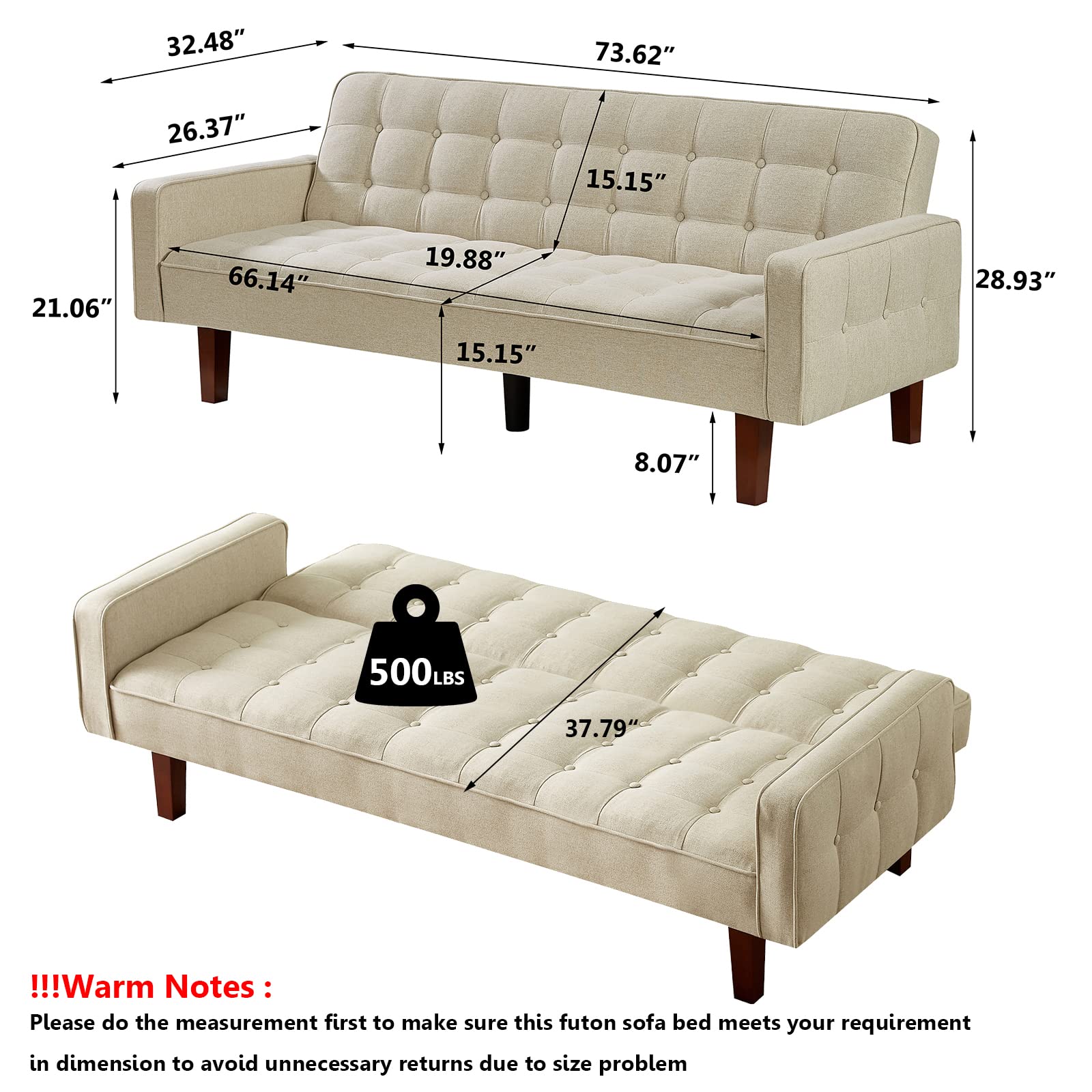 Setawix 3-Seater Linen Futon Sofa Bed - Convertible Sleeper with Button Tufted Design & Reclining Arms for Living Room, Bedroom, Apartment - Perfect for Small Spaces & Guest Accommodation (Beige) | Modern Multi-Functional Furniture for Studio Apartments, Dorms & Cozy Home Decor