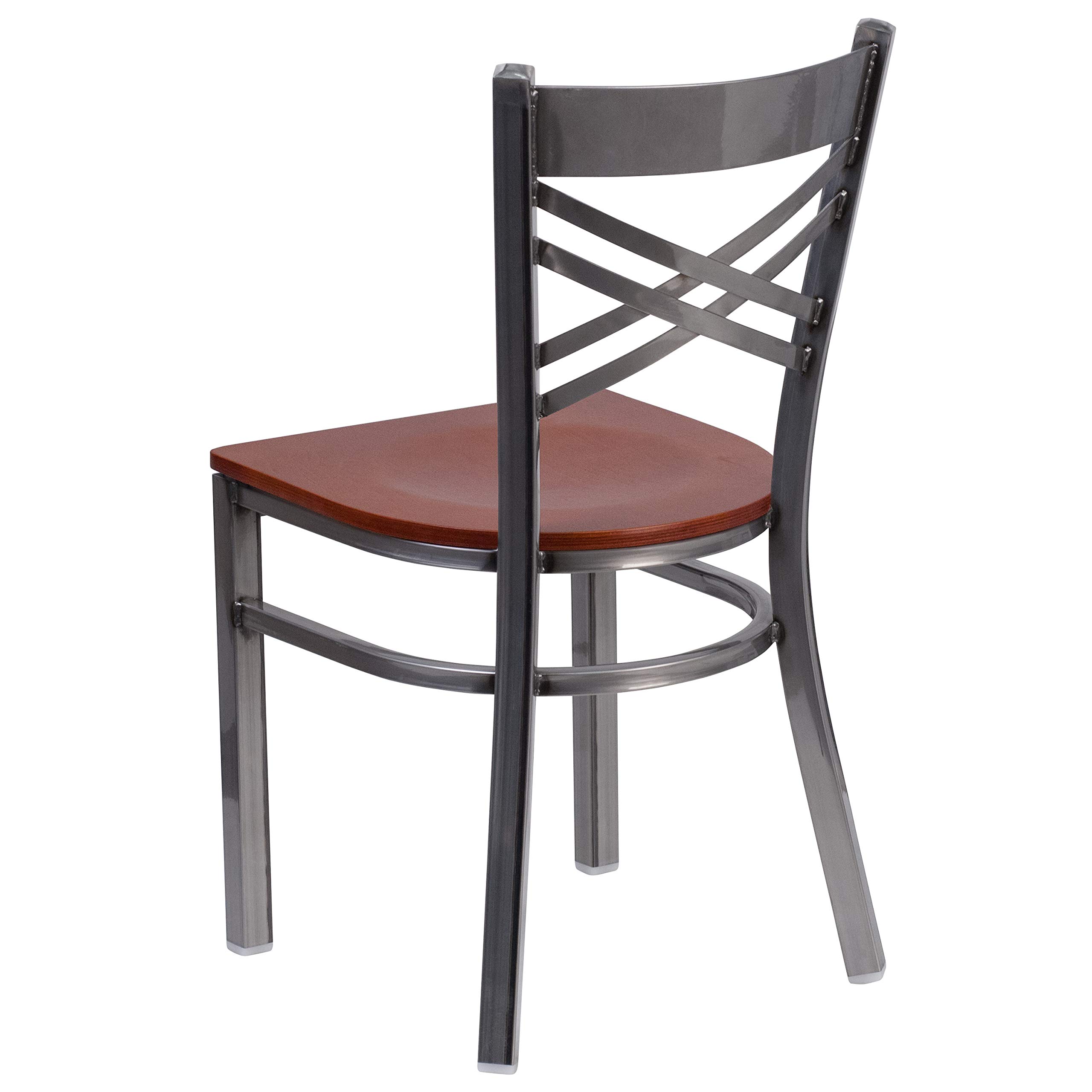 EMMA & OLIVER Clear Coated X-Back Metal Restaurant Chair with Cherry Wood Seat - Durable Commercial Dining Furniture for Cafes, Bistros and Home Kitchens