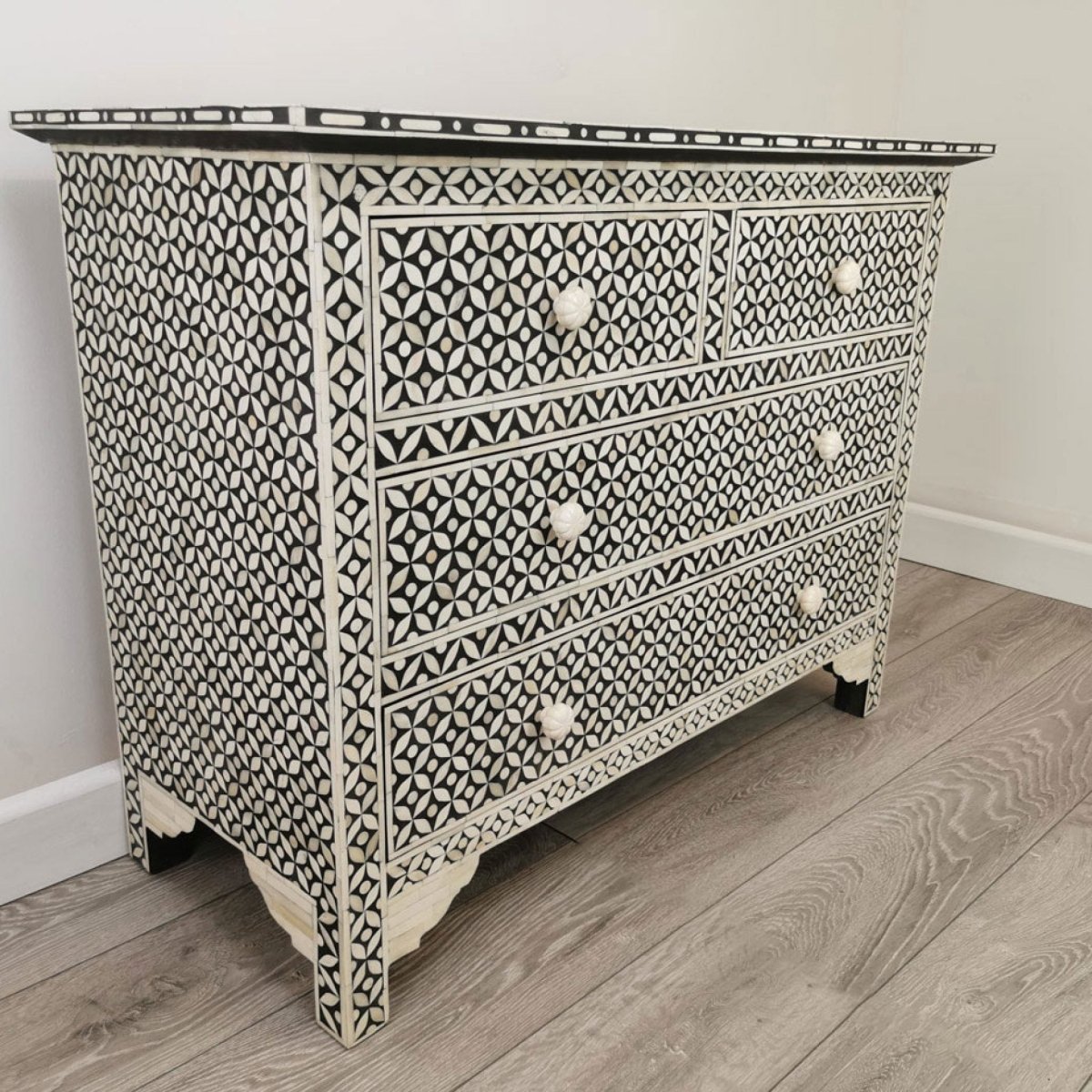 Handmade Indian Bone Inlay Geometric Black Wooden Dresser with 4 Drawers - Vintage Boho Bedroom Furniture for Storage & Home Decor
