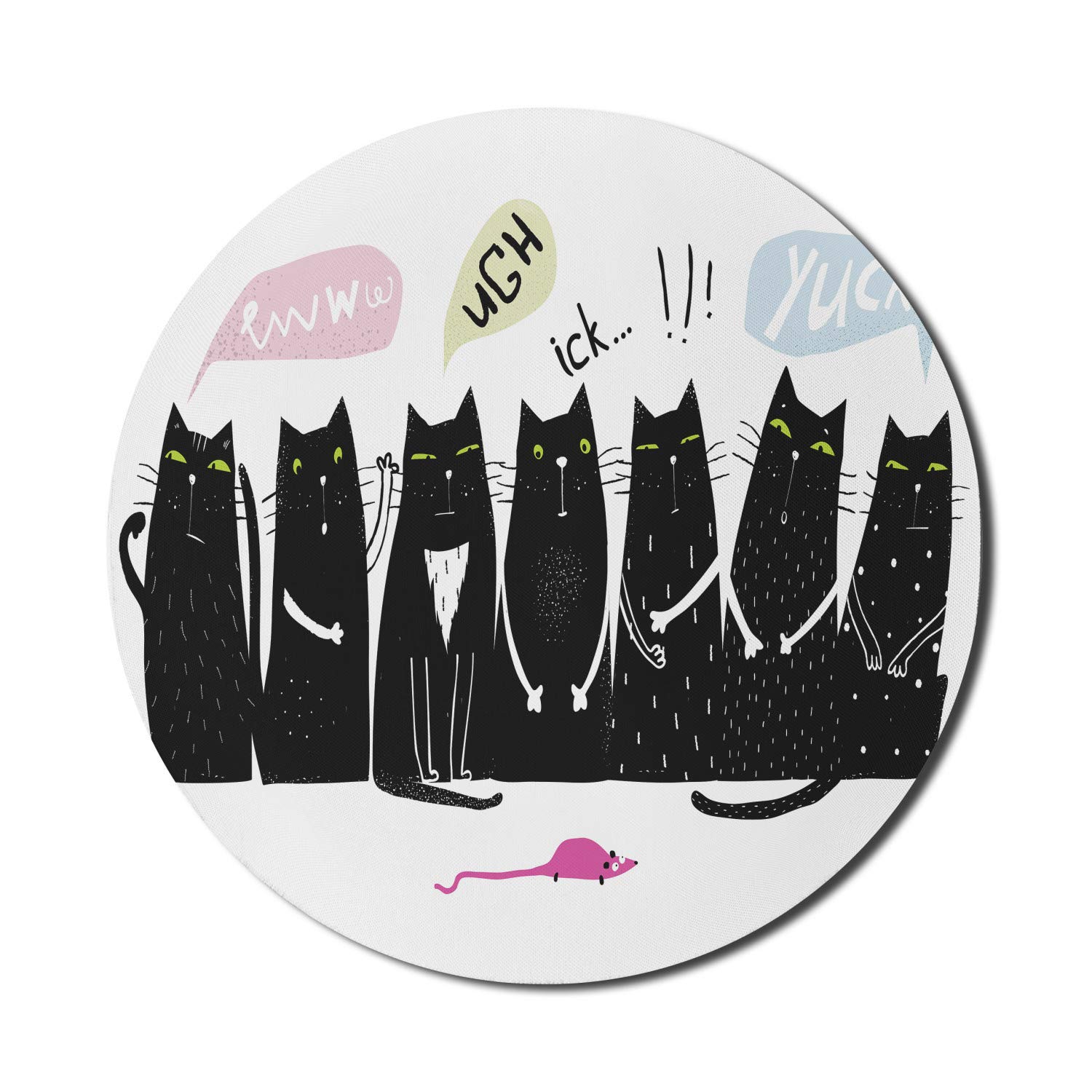 Ambesonne Funny Cat Mouse Pad - Non-Slip Round Gaming Mouse Mat with Cartoon Kitties Looking at Mouse (8 Inch, Charcoal Grey Rose Blue) - Perfect for Office, Home & Gaming Setups